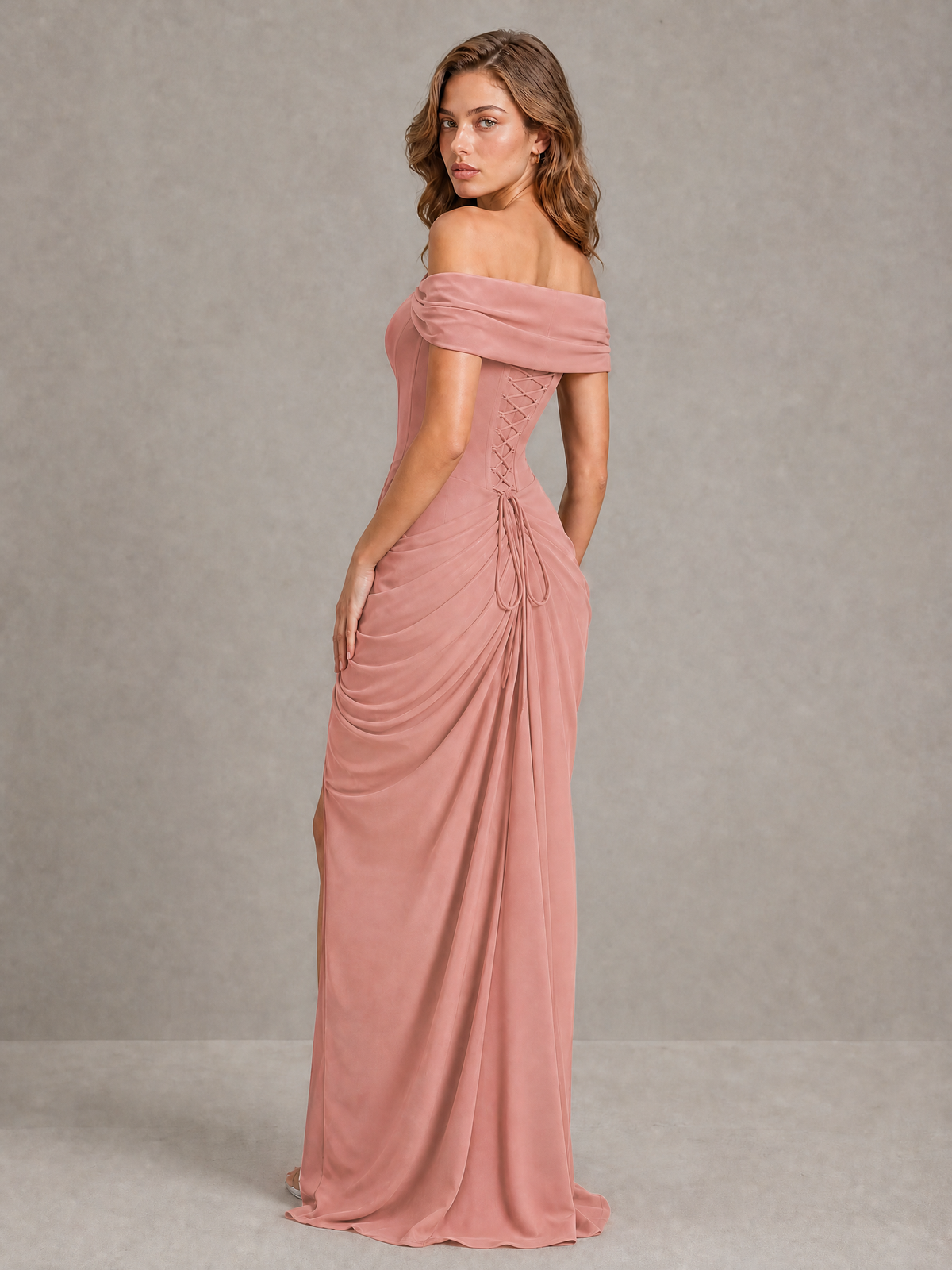 BOLODOO Dusty Rose Off-Shoulder Ruched Corset Wedding Guest Dress with Slit - Dusty Rose - Dusty_Rose_2