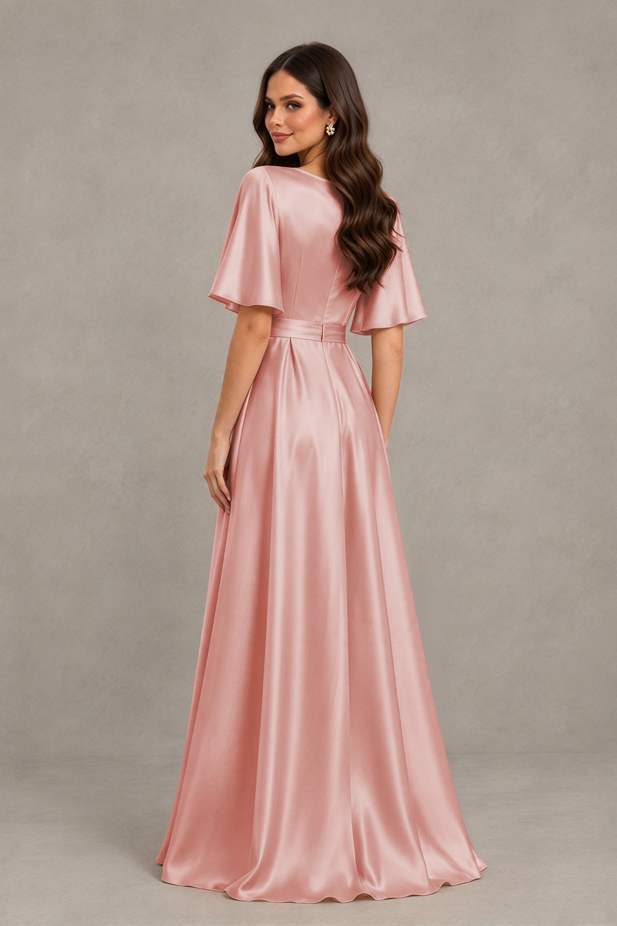 BOLODOO Dusty Rose Satin V-Neck Flutter Sleeve Bridesmaid Dress with Slit - Dusty Rose - Dusty Rose(2)