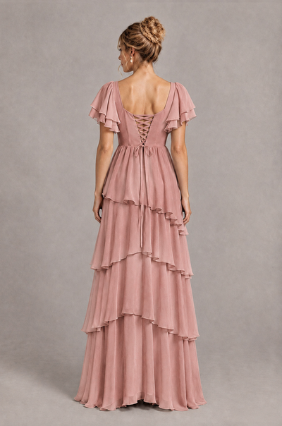 BOLODOO Dusty Rose Square Neck Flutter Sleeve Tiered Chiffon Bridesmaid Dress with Lace-Up Back - Dusty Rose - Dusty Rose_2