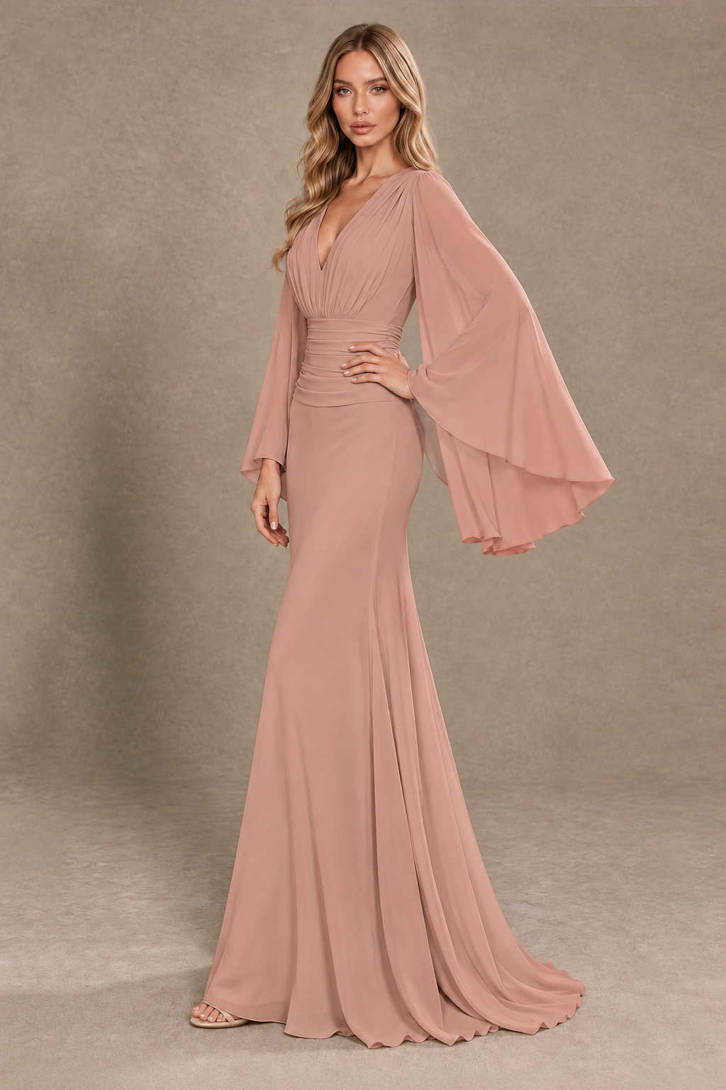 BOLODOO Dusty Rose Cape Sleeve V-Neck Ruched Chiffon Evening Dress - Dusty Rose - Dusty_Rose_2