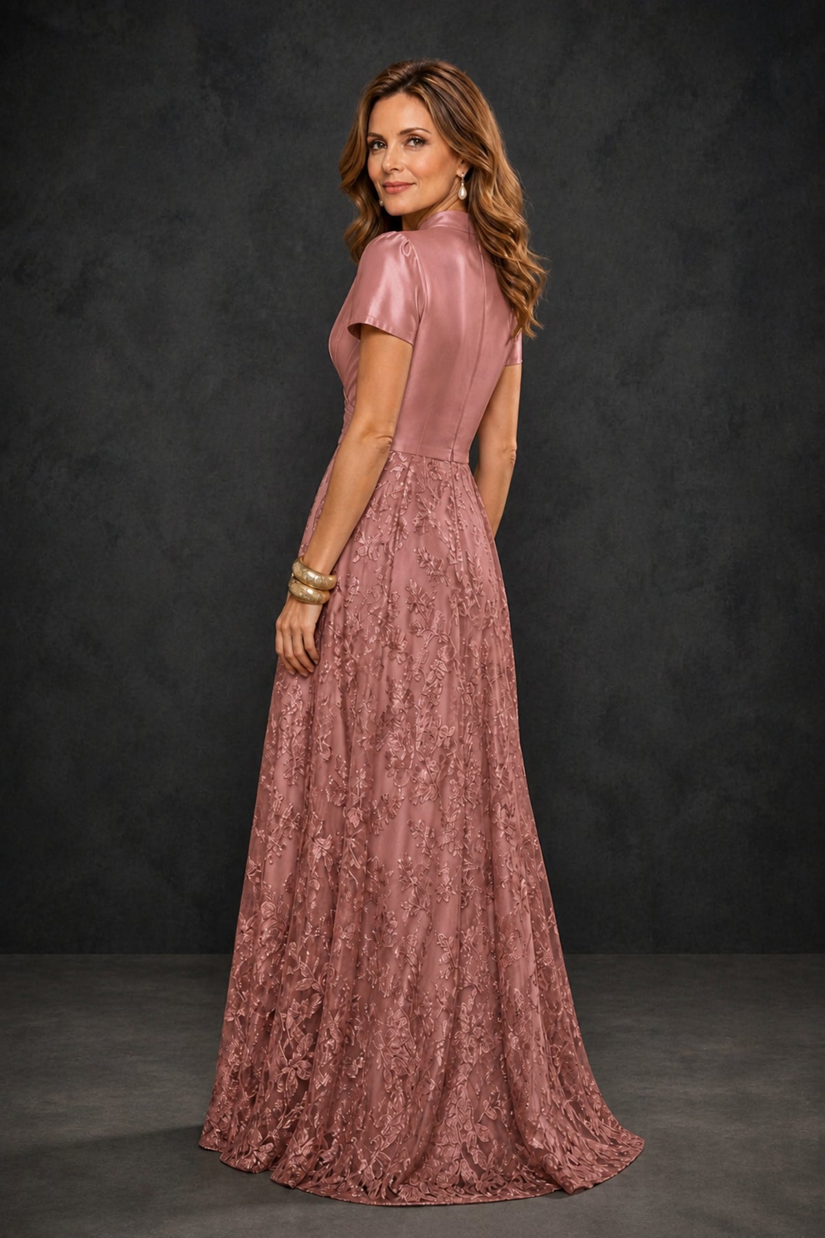 BOLODOO Dusty Rose Satin Wrap V-Neck Short Sleeve Lace Glitter A-Line Floor Length Evening Gown – Formal Dress - Dusty Rose