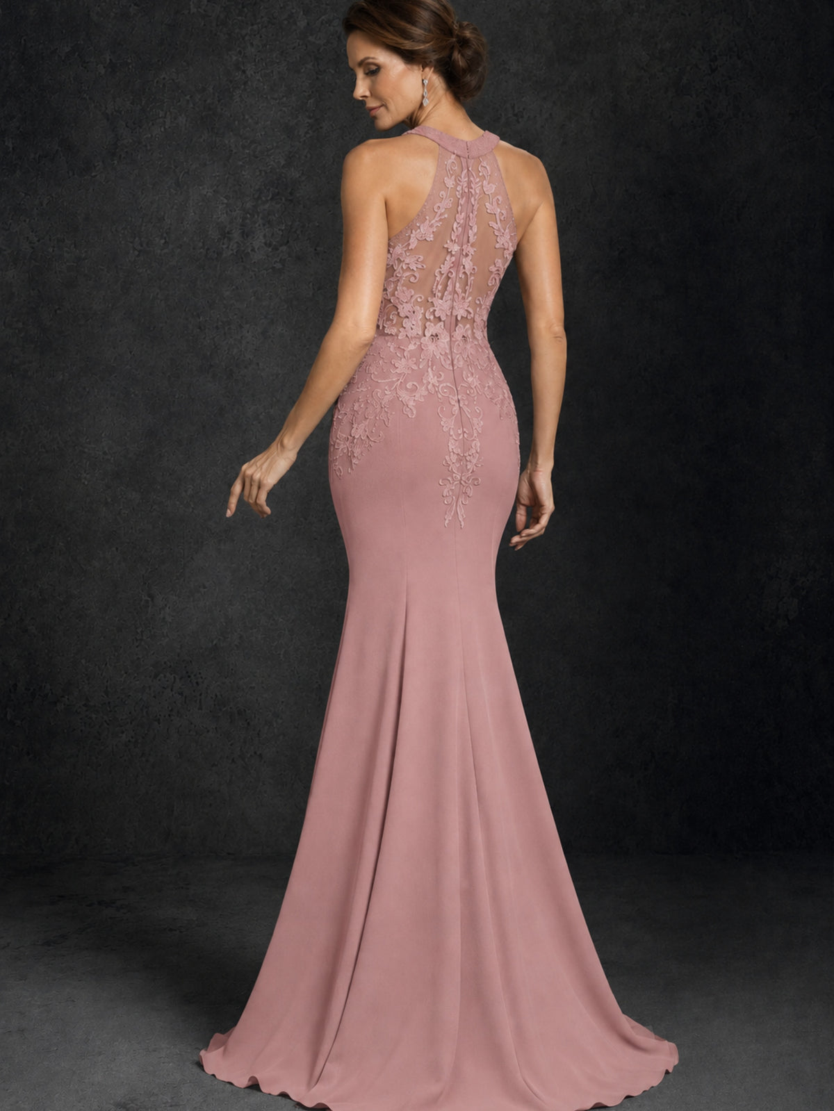 BOLODOO Dusty Rose Lace Applique Halter Neck Sheer Back Mermaid Maxi Dress with Sweep Train - Dusty Rose