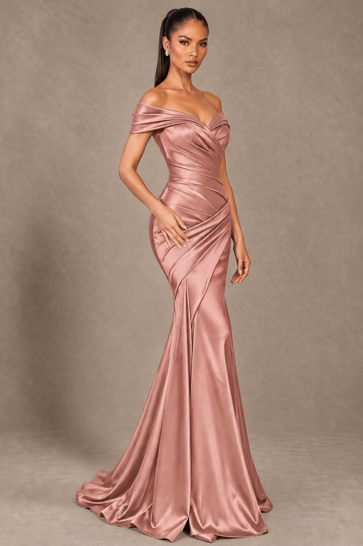 BOLODOO Dusty Rose Off-the-Shoulder Ruched Satin Mermaid Evening Dress - Dusty Rose - Dusty_Rose_2