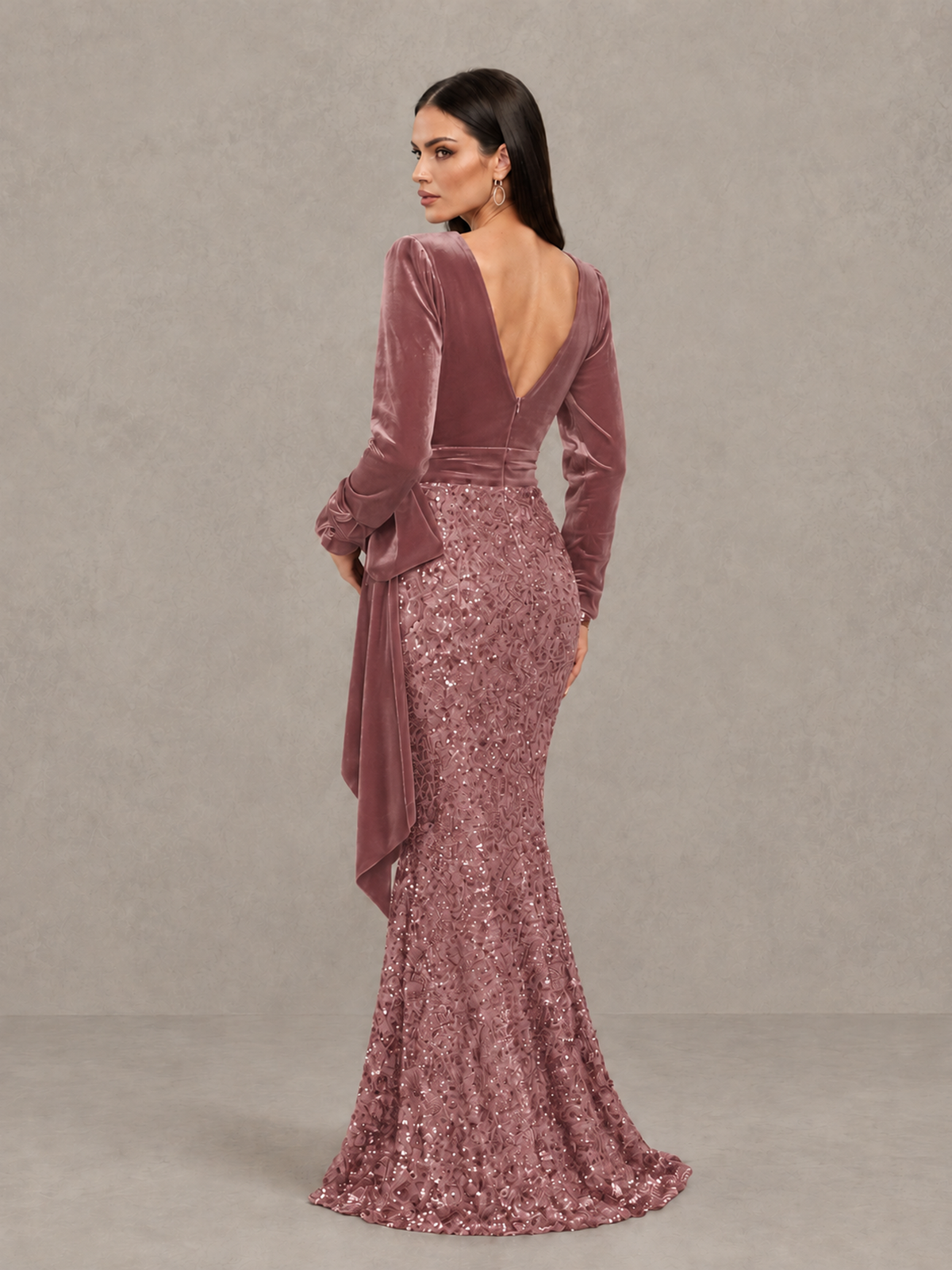 BOLODOO Dusty Rose Velvet & Sequin Long Sleeve V-Neck Mermaid Evening Gown - Dusty Rose - Dusty Rose_2