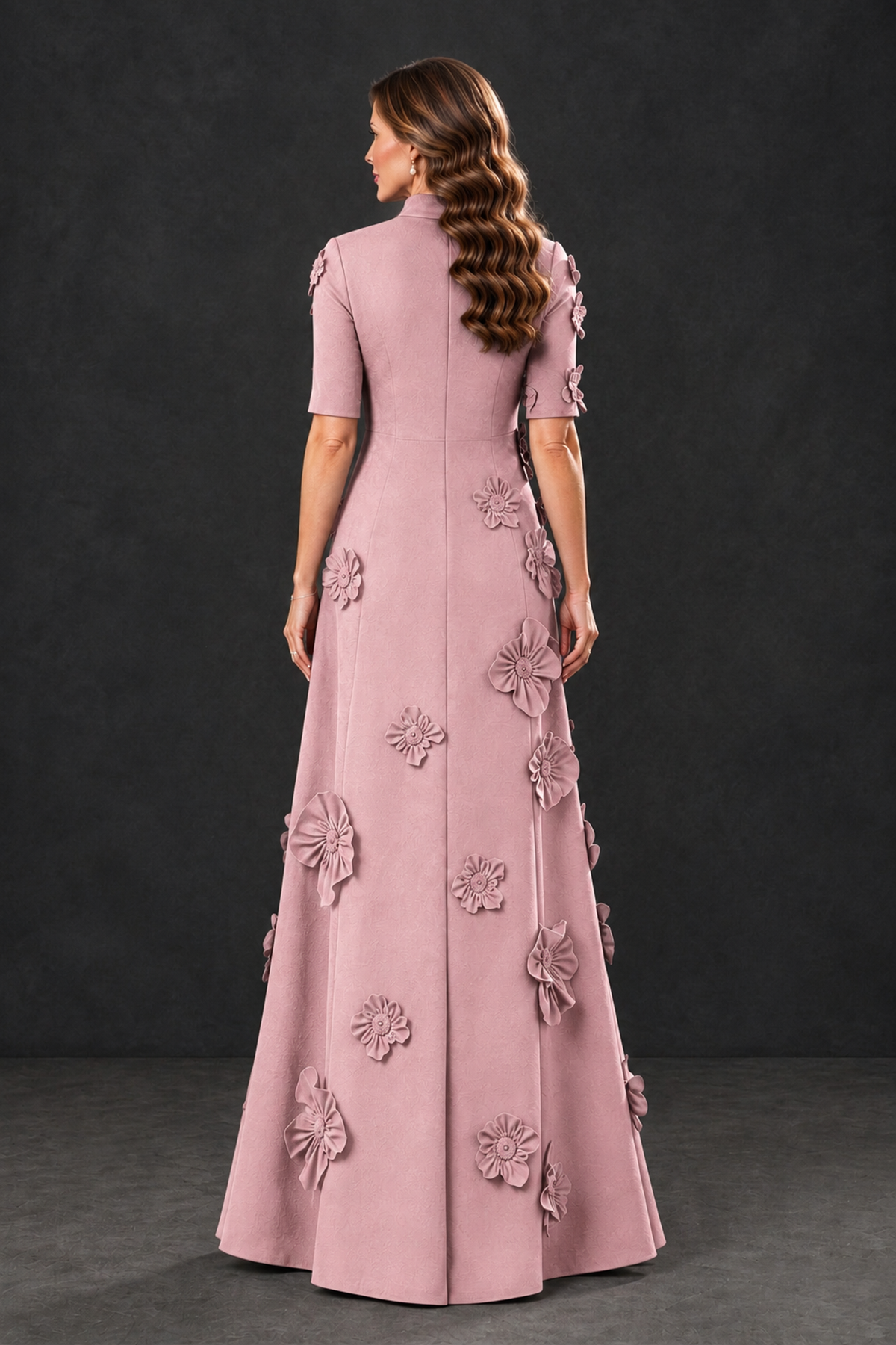BOLODOO Dusty Rose Floral Applique High-Neck Half-Sleeve Gown - Dusty Rose - Dusty Rose_2