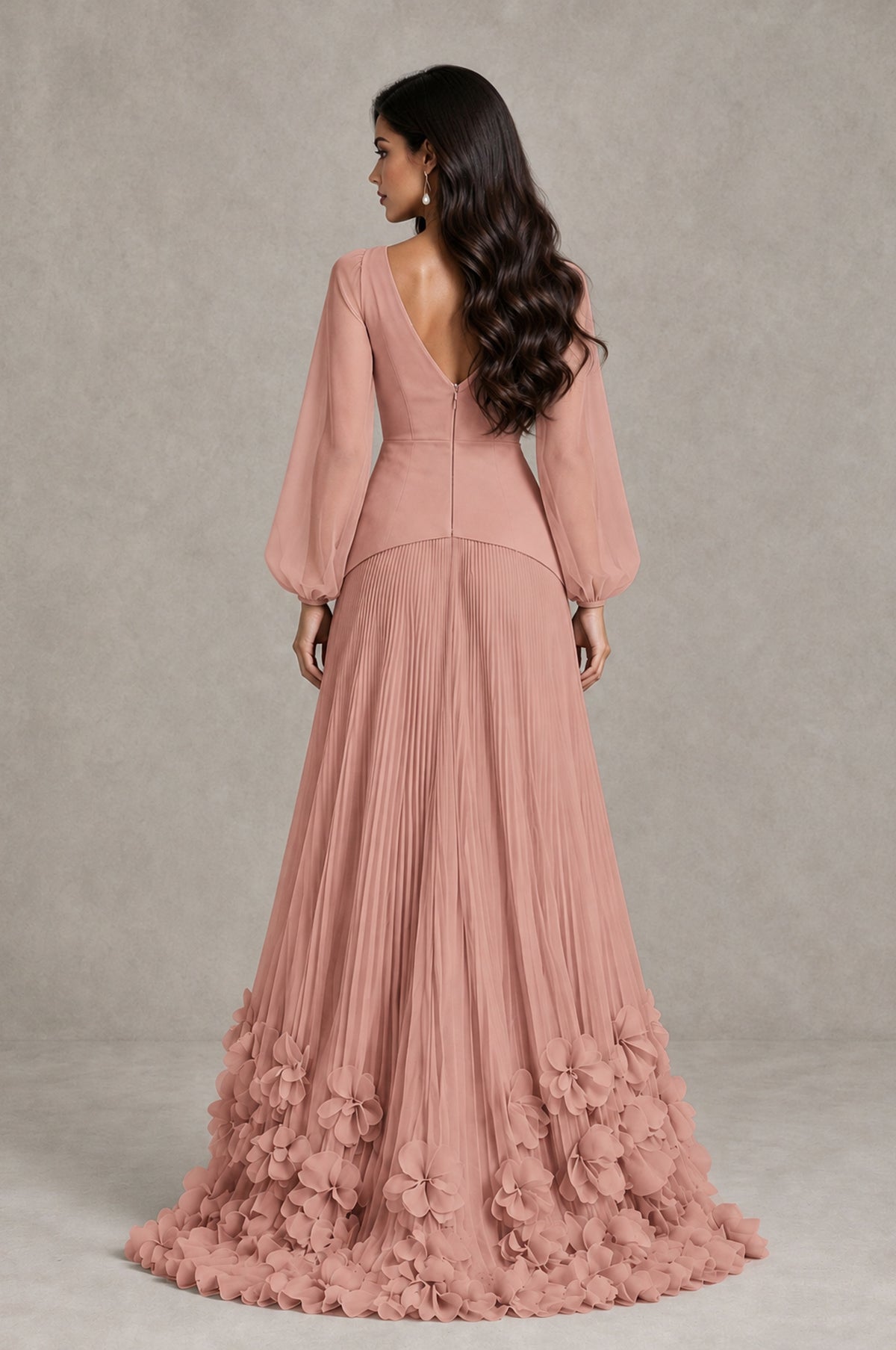 BOLODOO Dusty Rose V-Neck Long Sleeve Pleated Floral Hem Evening Dress - Dusty Rose - Dusty Rose_2