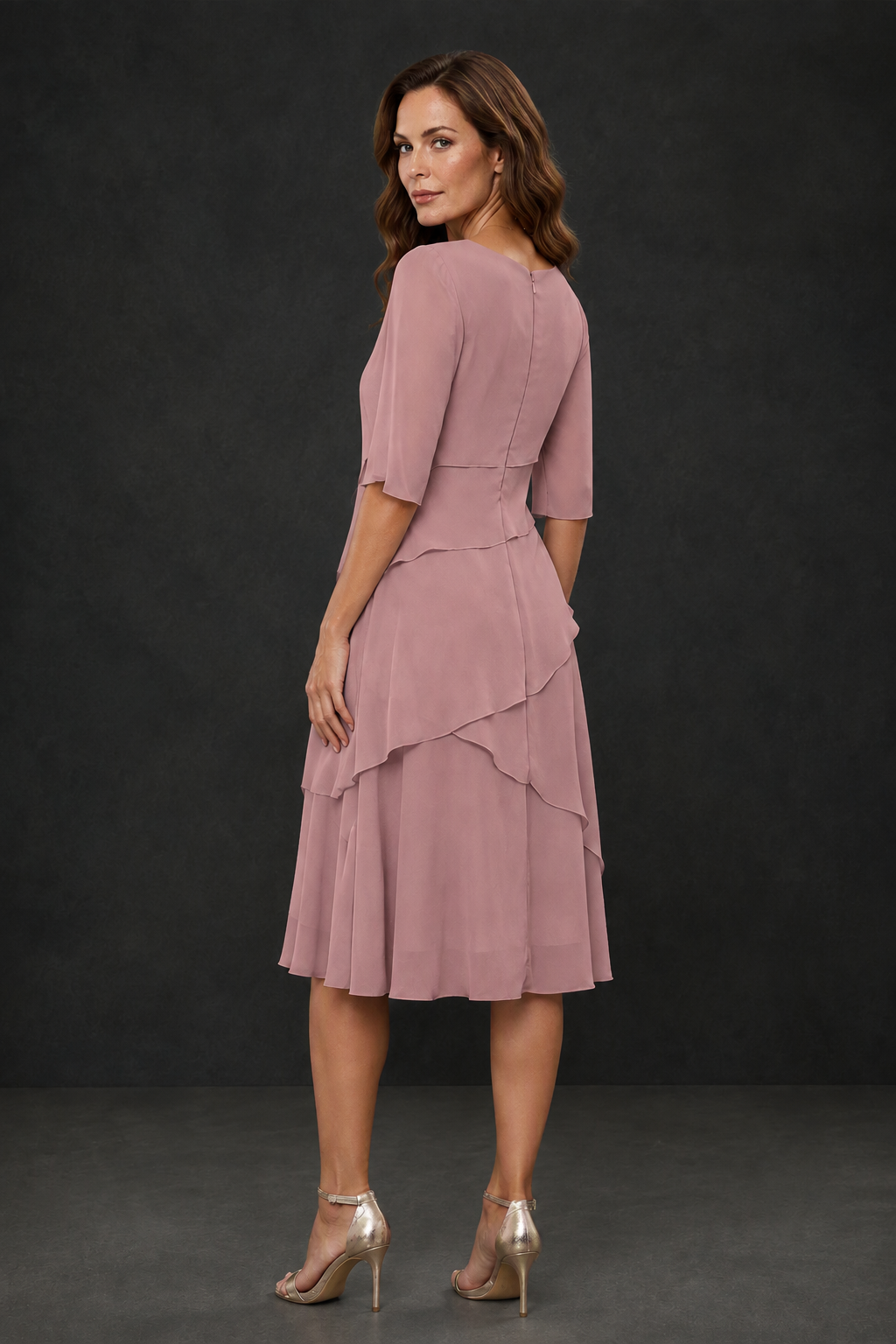 BOLODOO Dusty Rose Chiffon 3/4 Sleeve Asymmetric Tiered Tea Length Dress | Mother of the Bride Midi Dress - Dusty Rose