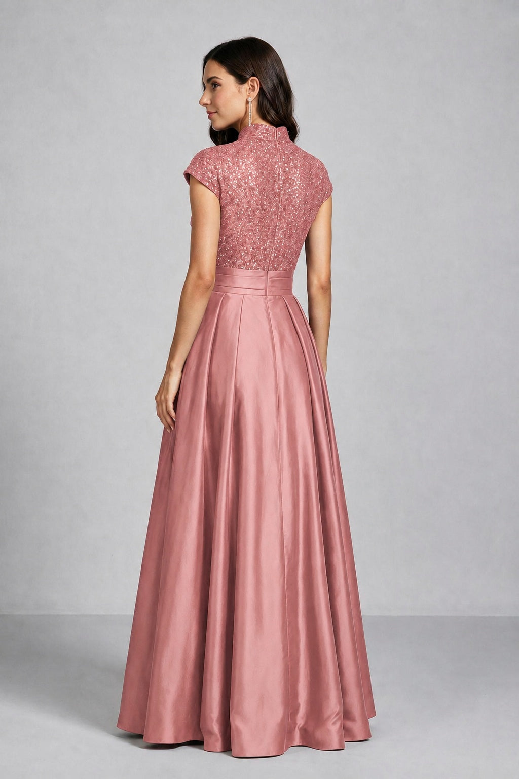BOLODOO Dusty Rose Sequin Embroidered High Neck Cap Sleeve A-Line Ball Gown – Formal Evening Dress - Dusty Rose