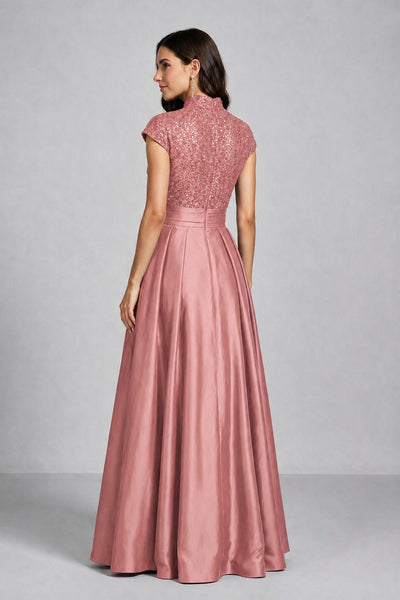 BOLODOO Dusty Rose Sequin Embroidered High Neck Cap Sleeve A-Line Ball Gown – Formal Evening Dress - Dusty Rose