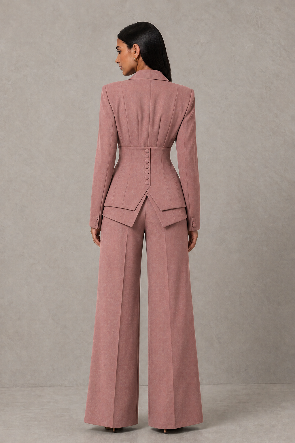 BOLODOO Dusty Rose Cinched Waist Blazer and Wide Leg Pants Two Piece Suit Set - Dusty Rose