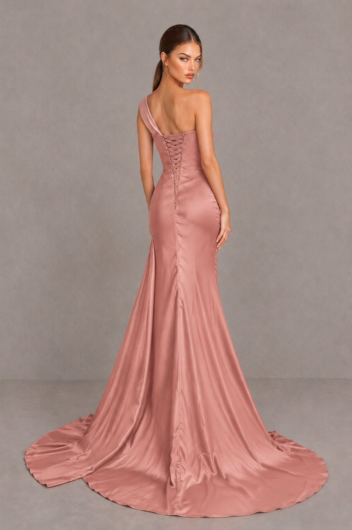 BOLODOO Dusty Rose One Shoulder Satin Mermaid Evening Dress with Ruched Slit Skirt - Dusty Rose - Dusty Rose_2