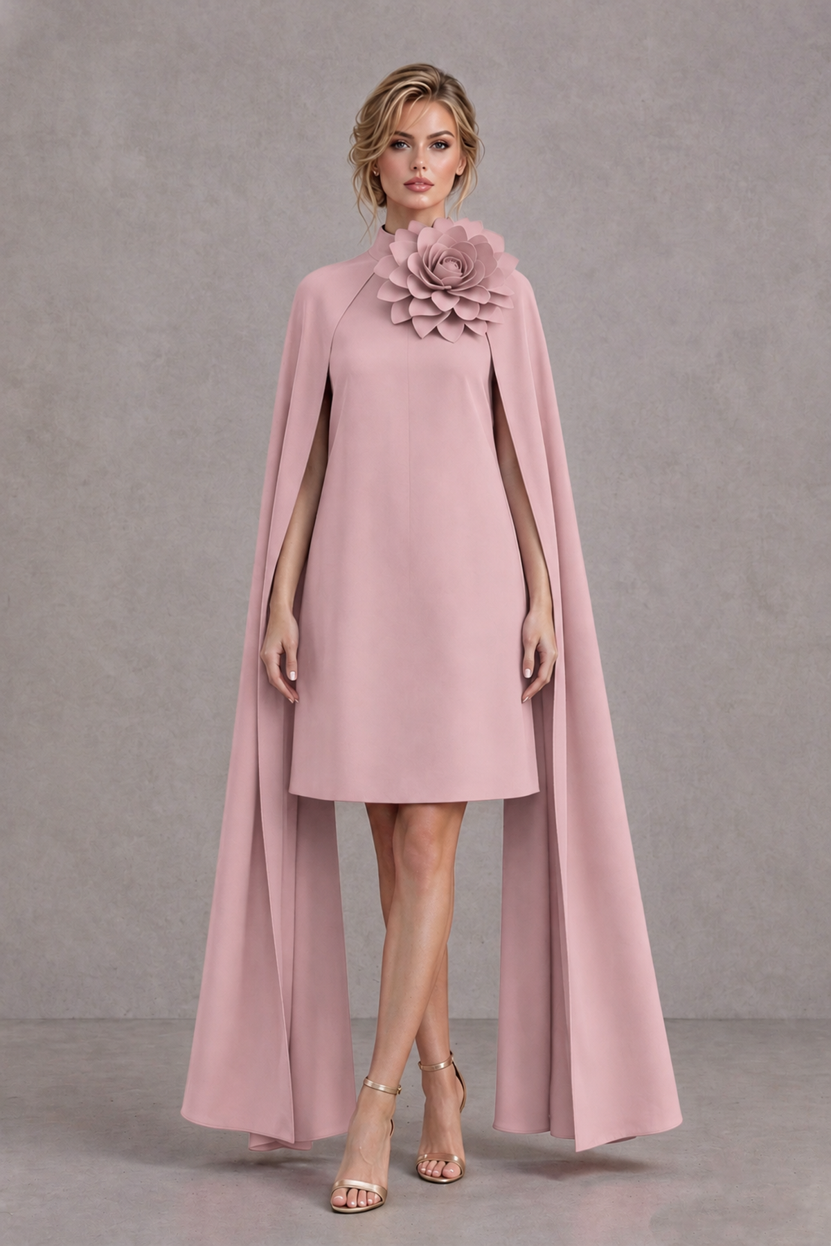 BOLODOO Dusty Rose High Neck Floral Cape Mini Cocktail Dress - Dusty Rose - Dusty Rose_2