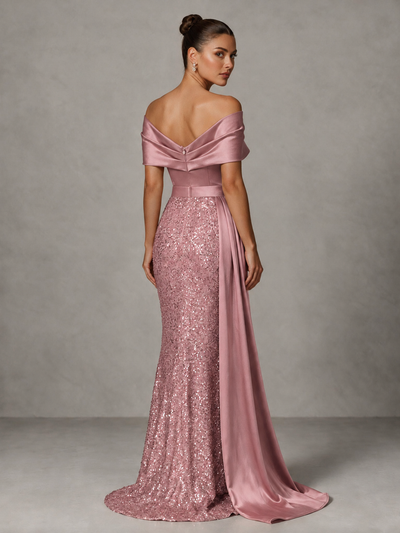 BOLODOO Dusty Rose Sequin Mermaid Evening Dress with Off-Shoulder Satin Drape and Sweep Train - Dusty Rose - Dusty Rose_2