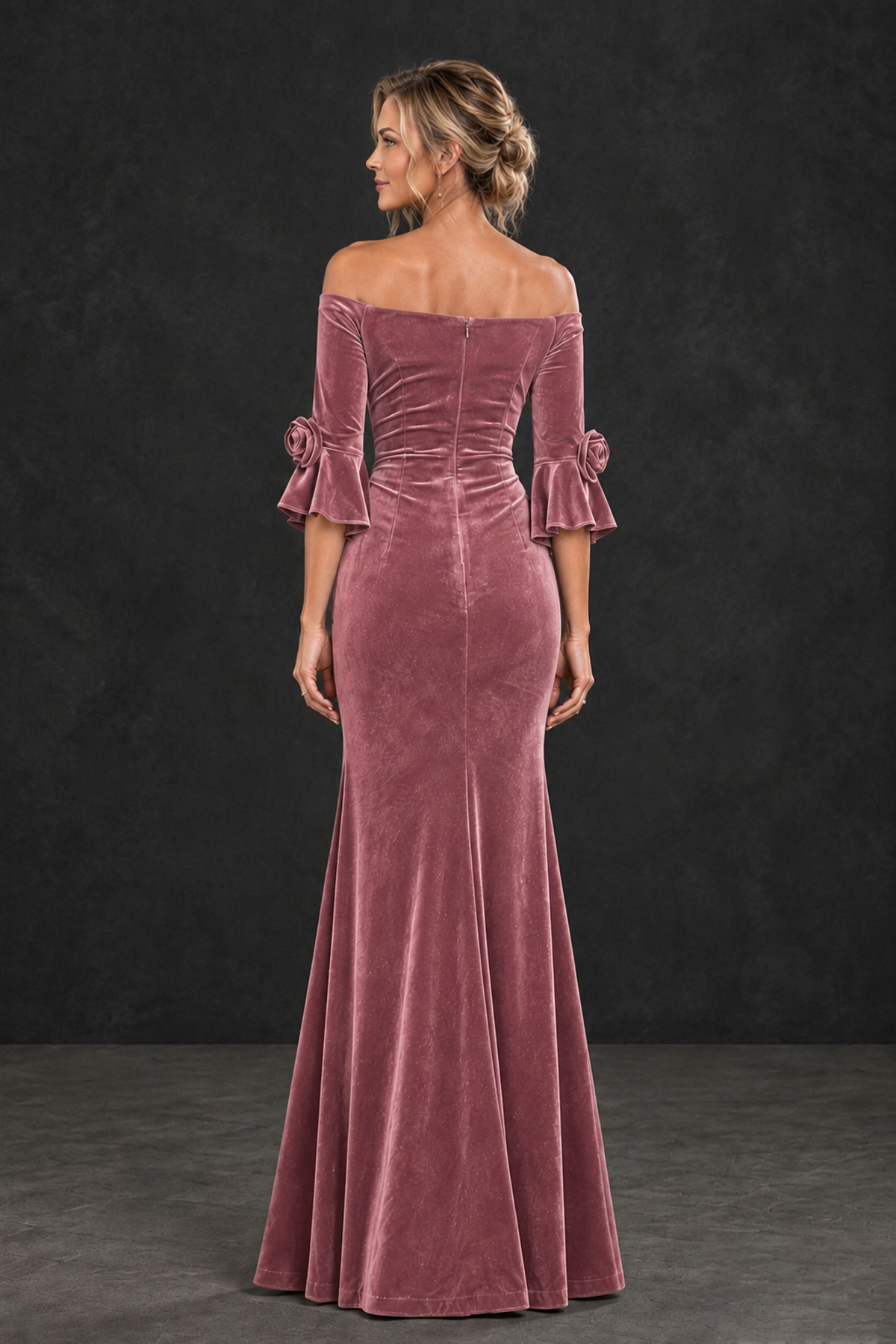BOLODOO Dusty Rose Velvet Off-Shoulder Mother of the Bride Dress – 3/4 Floral Cuff Sleeve Mermaid Evening Gown - Dusty Rose - Dusty Rose_2