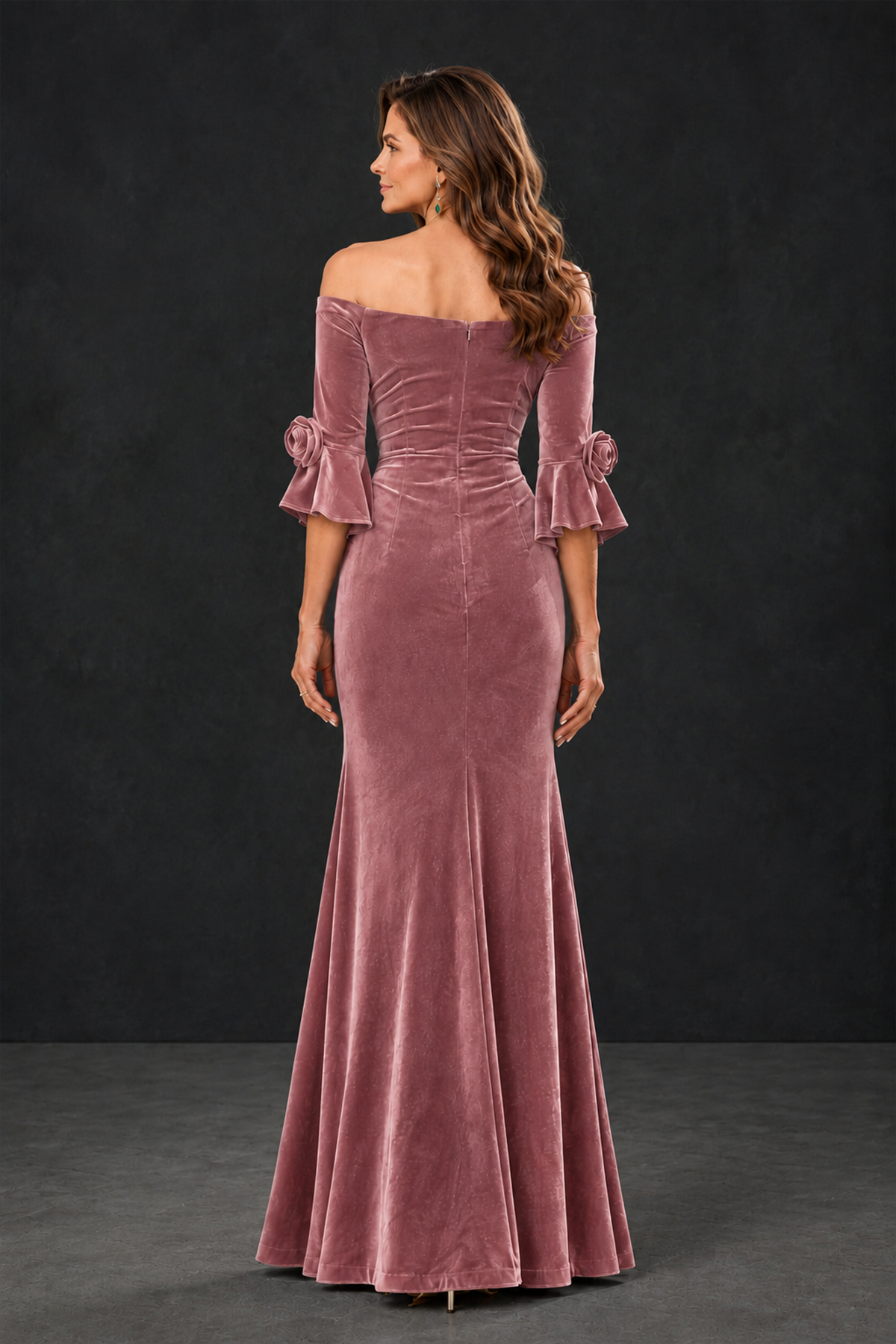 BOLODOO Dusty Rose Velvet Mother of the Bride Dress with Rosette Sleeves - Dusty Rose - Dusty_Rose_2