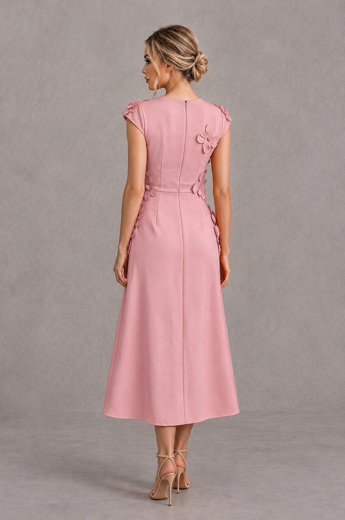 BOLODOO Dusty Rose 3D Floral Cap Sleeve Midi Cocktail Dress - Dusty Rose - Dusty Rose_2