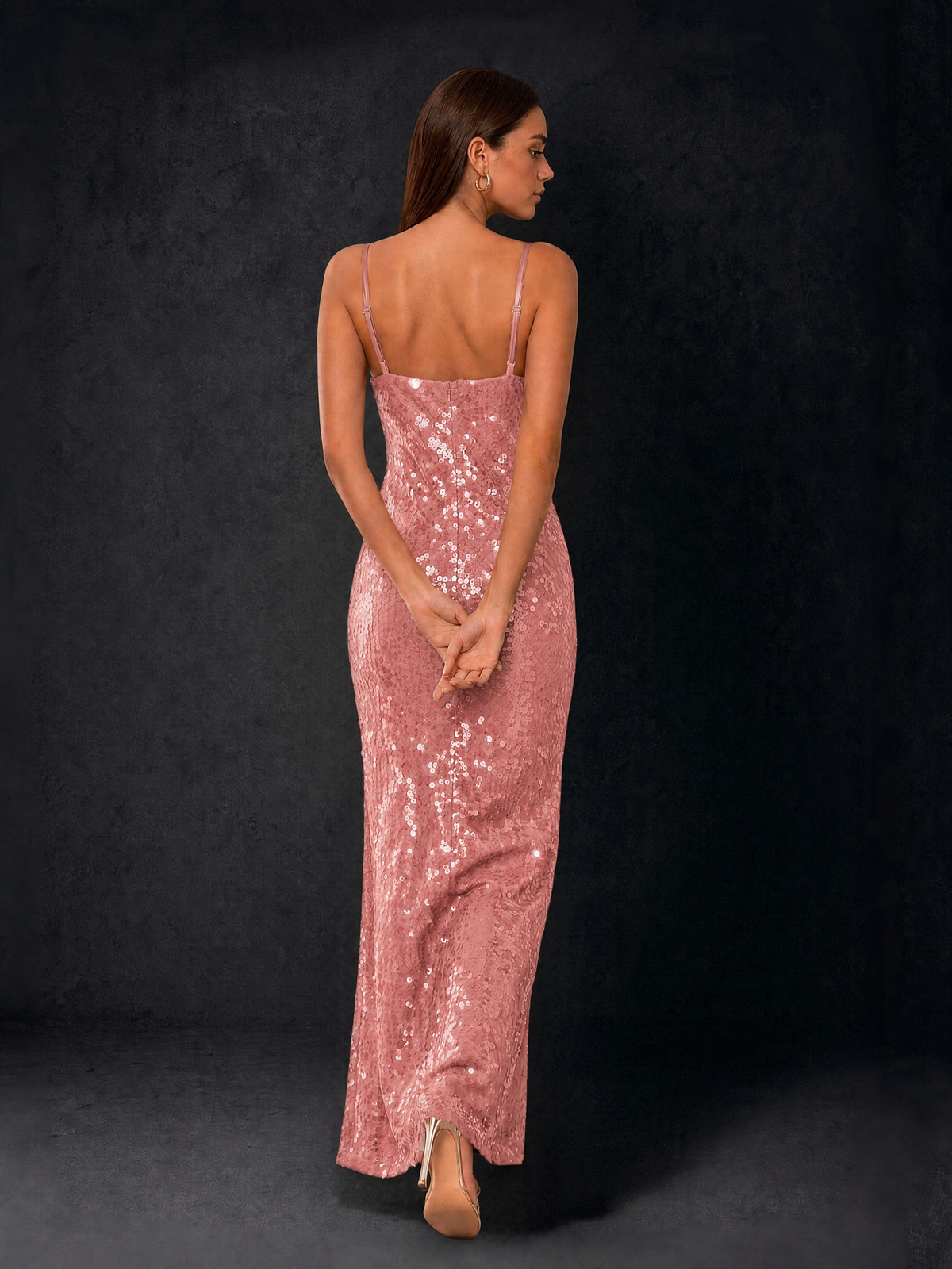BOLODOO Bronze Sequin Cowl Neck Spaghetti Strap Mermaid Maxi Dress with Open Criss-Cross Back - Dusty Rose - Dusty Rose
