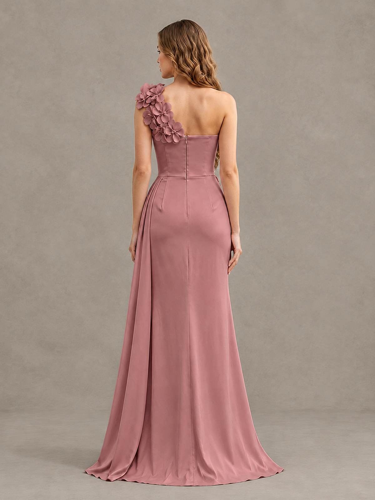 BOLODOO Dusty Rose One-Shoulder Satin Mermaid Evening Gown with 3D Floral Appliqué - Dusty Rose - Dusty Rose_2