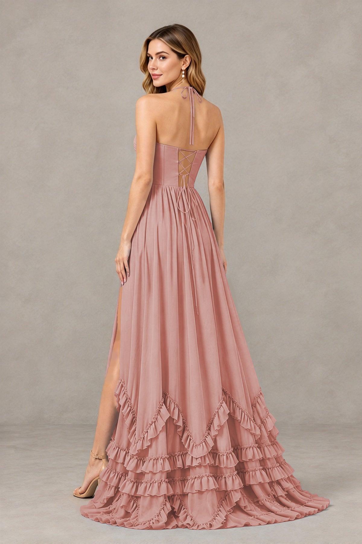 BOLODOO Dusty Rose Halter Ruffle Hem A-Line Bridesmaid Dress with High Slit - Dusty Rose - Dusty Rose(2)