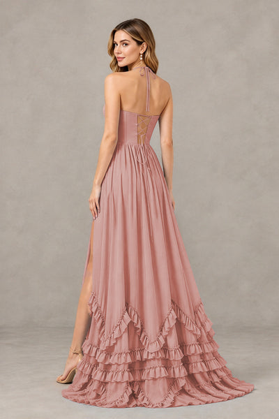 BOLODOO Dusty Rose Halter Ruffle Hem A-Line Bridesmaid Dress with High Slit - Dusty Rose - Dusty Rose(2)