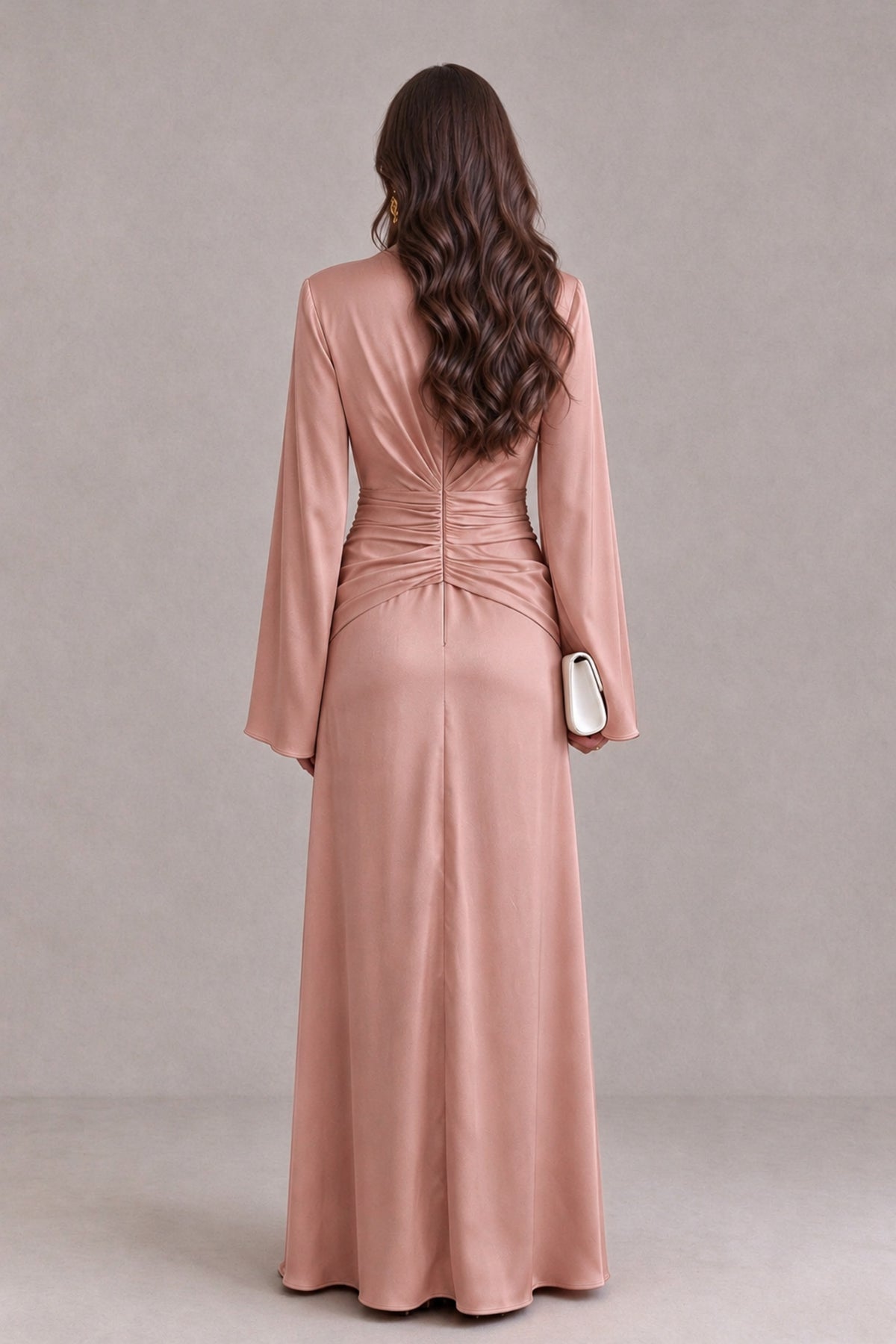 BOLODOO Dusty Rose Yellow Satin-Look V-Neck Long Bell Sleeve Evening Dress - Dusty Rose - Dusty_Rose_2
