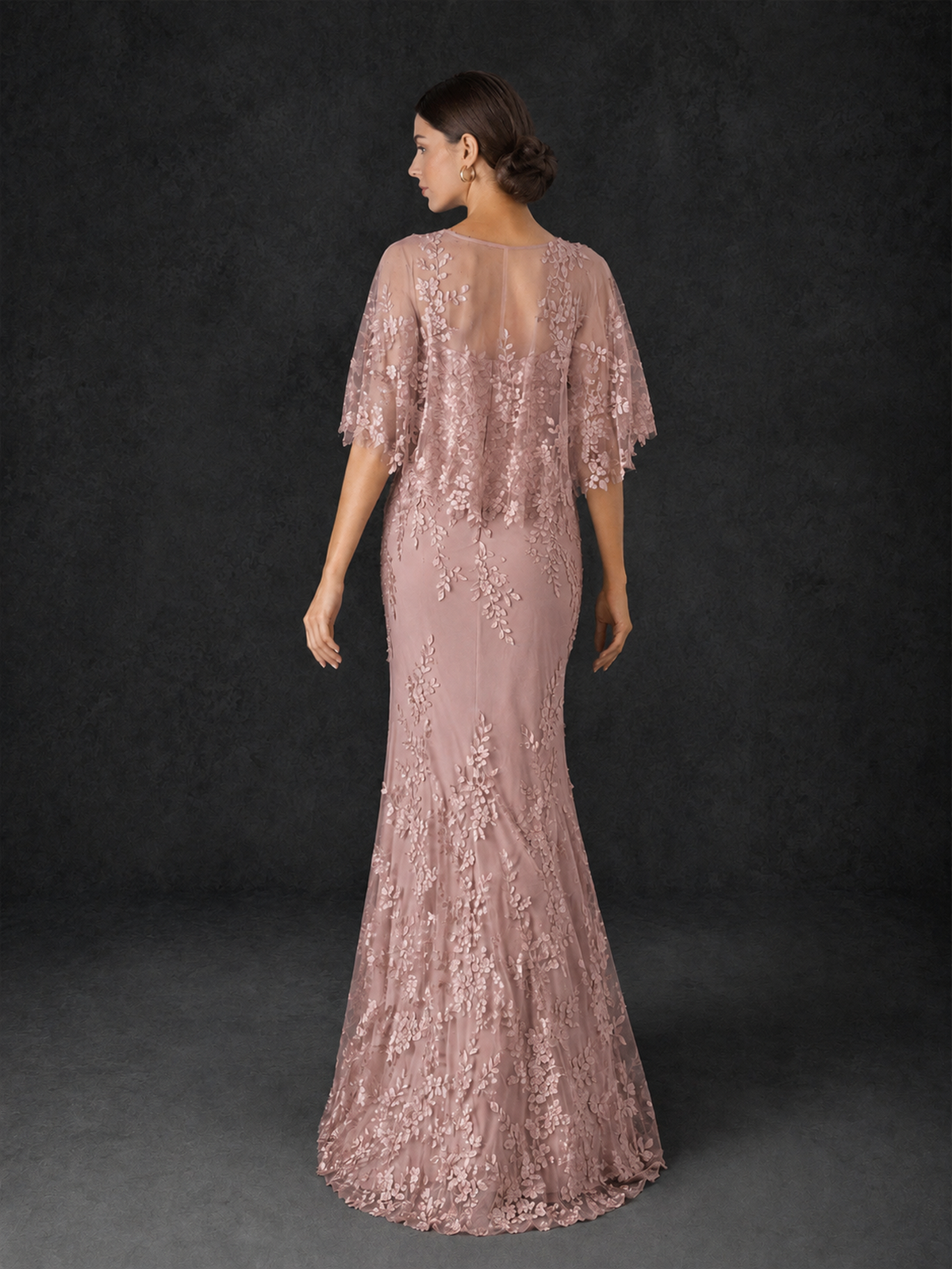 BOLODOO Mocha Rose Botanical Lace Flutter Sleeve Mermaid Gown - Dusty Rose - Dusty Rose