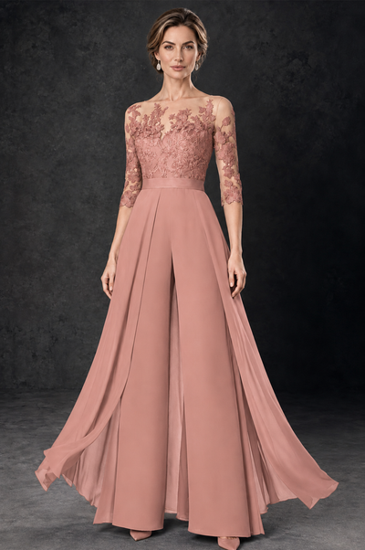 BOLODOO Dusty Rose Lace Wide-Leg Jumpsuit with Three-Quarter Sleeves - Dusty Rose - Dusty_Rose_2