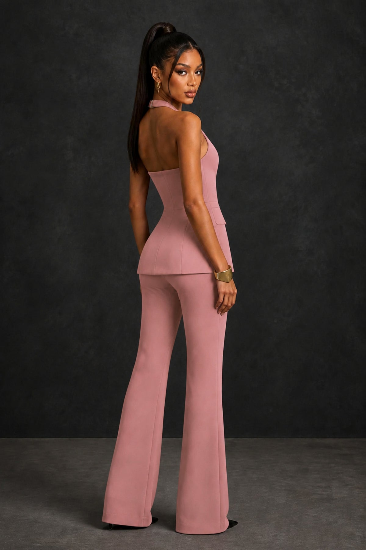 BOLODOO Dusty Rose Halter Neck Deep V Open Back– Formal Suit with Wide-Leg Pants - Dusty Rose