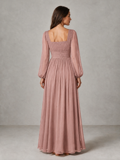 BOLODOO Dusty Rose Square Neck Long Sleeve Chiffon Bridesmaid Dress - Dusty Rose - Dusty Rose_2