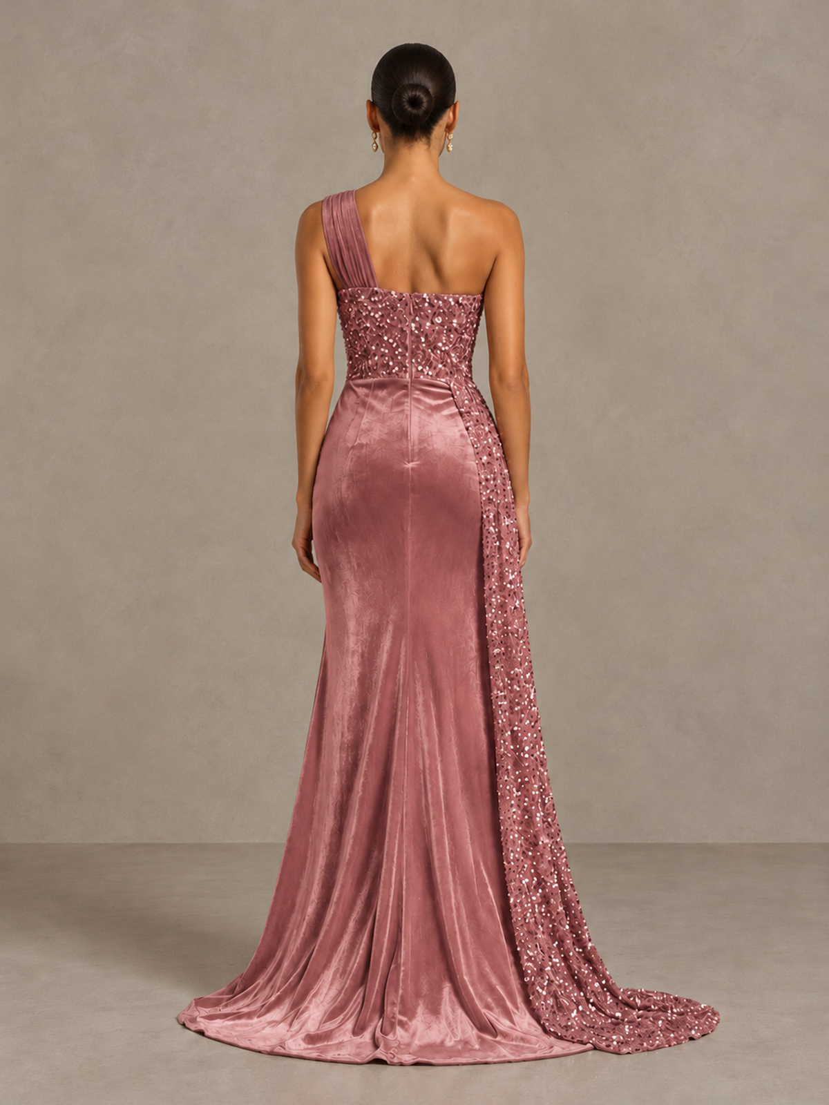 BOLODOO Dusty Rose One-Shoulder Satin Sequin Gown with High Slit - Dusty Rose - Dusty Rose_2