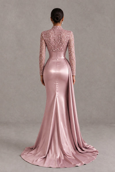 BOLODOO Dusty Rose Long Sleeve Embellished Satin Mermaid Evening Gown - Dusty Rose - Dusty Rose_2