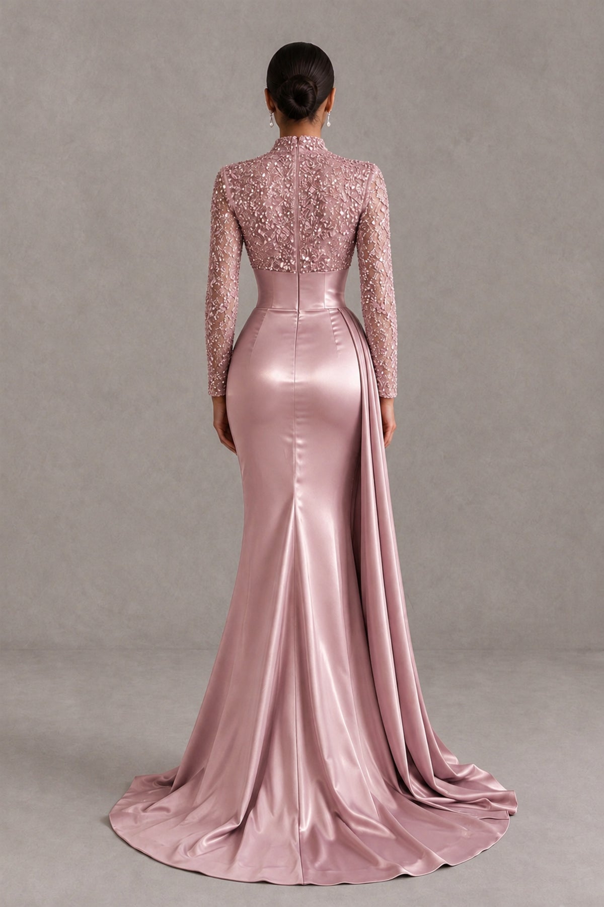 BOLODOO Dusty Rose Long Sleeve Embellished Satin Mermaid Evening Gown - Dusty Rose - Dusty Rose_2