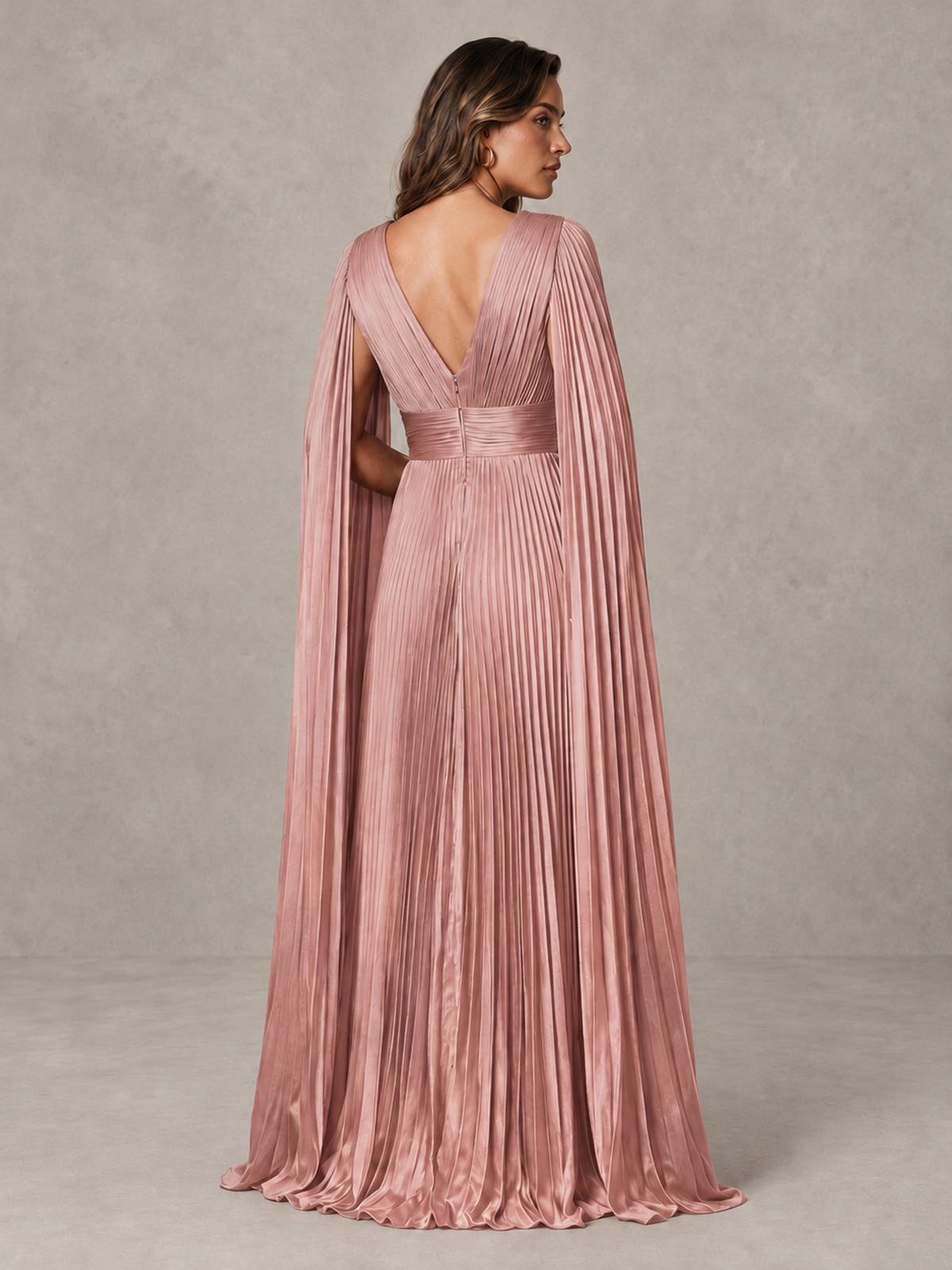 BOLODOO Dusty Rose Deep V-Neck Pleated Cape Sleeve Evening Gown - Dusty Rose - Dusty Rose_2