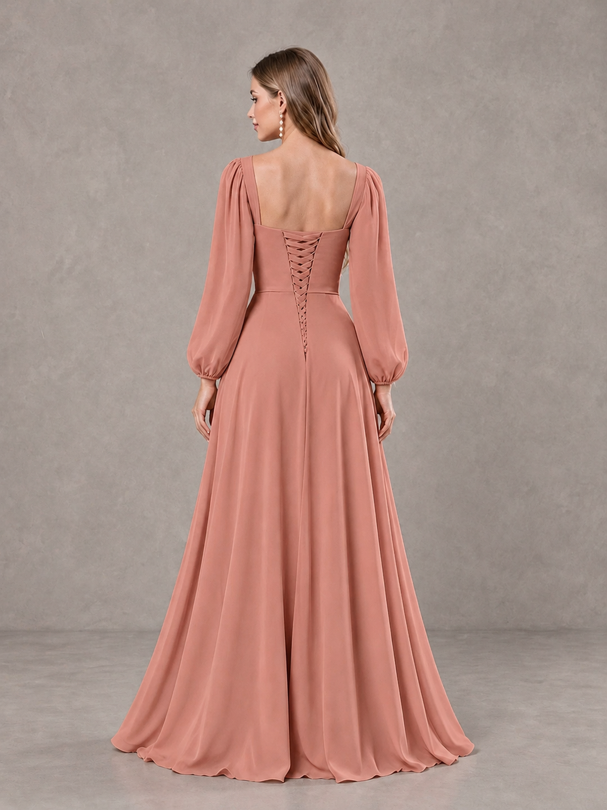 BOLODOO Dusty Rose Square Neck Long Sleeve Bridesmaid Dress with Ruffle Slit - Dusty Rose - Dusty Rose_2