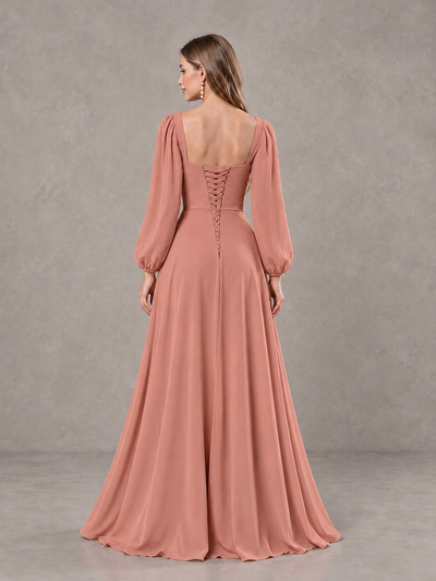 BOLODOO Dusty Rose Square Neck Long Sleeve Bridesmaid Dress with Ruffle Slit - Dusty Rose - Dusty Rose_2