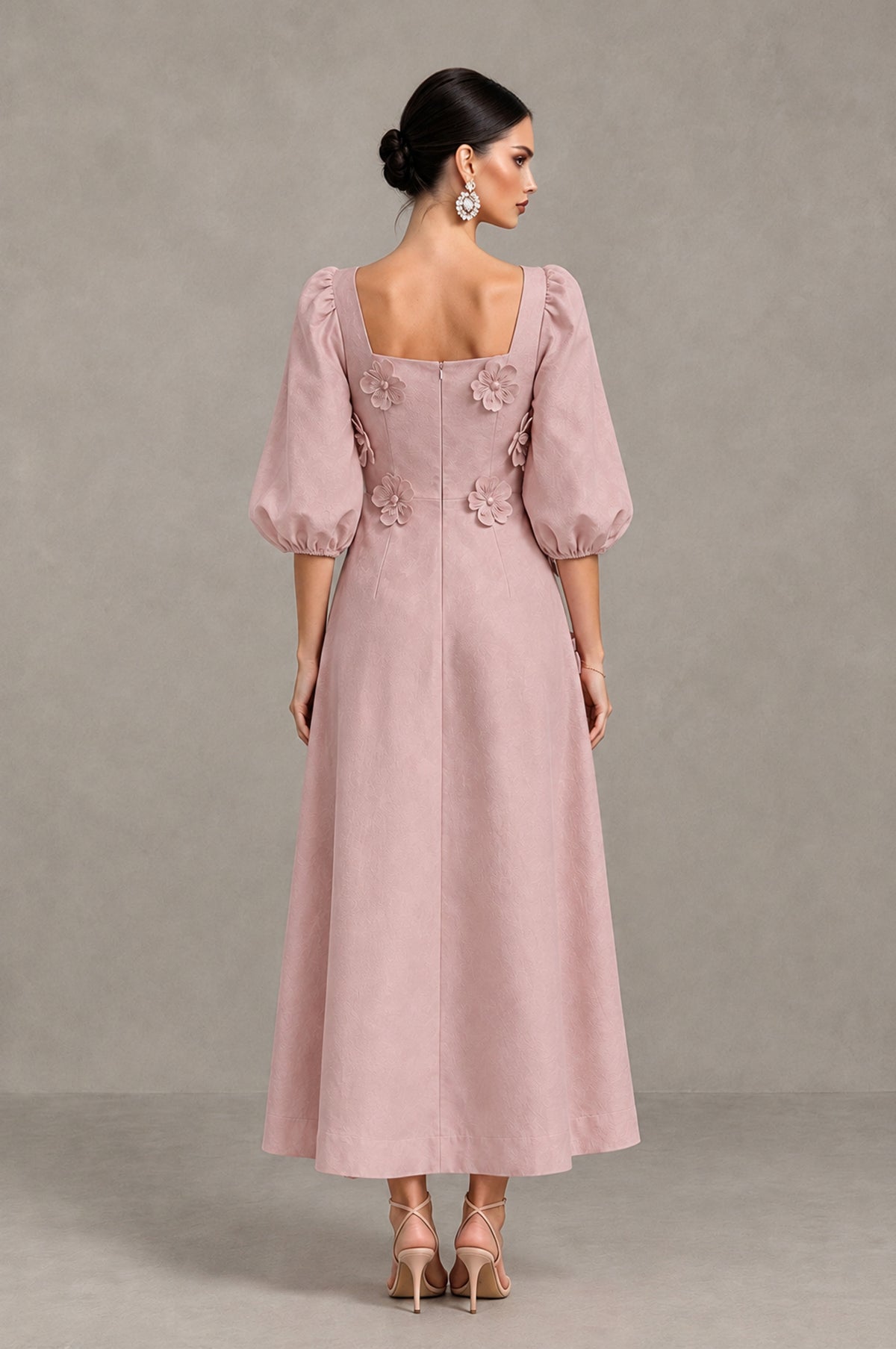 BOLODOO Dusty Rose 3D Floral Puff Sleeve Midi Cocktail Dress - Dusty Rose - Dusty Rose_2