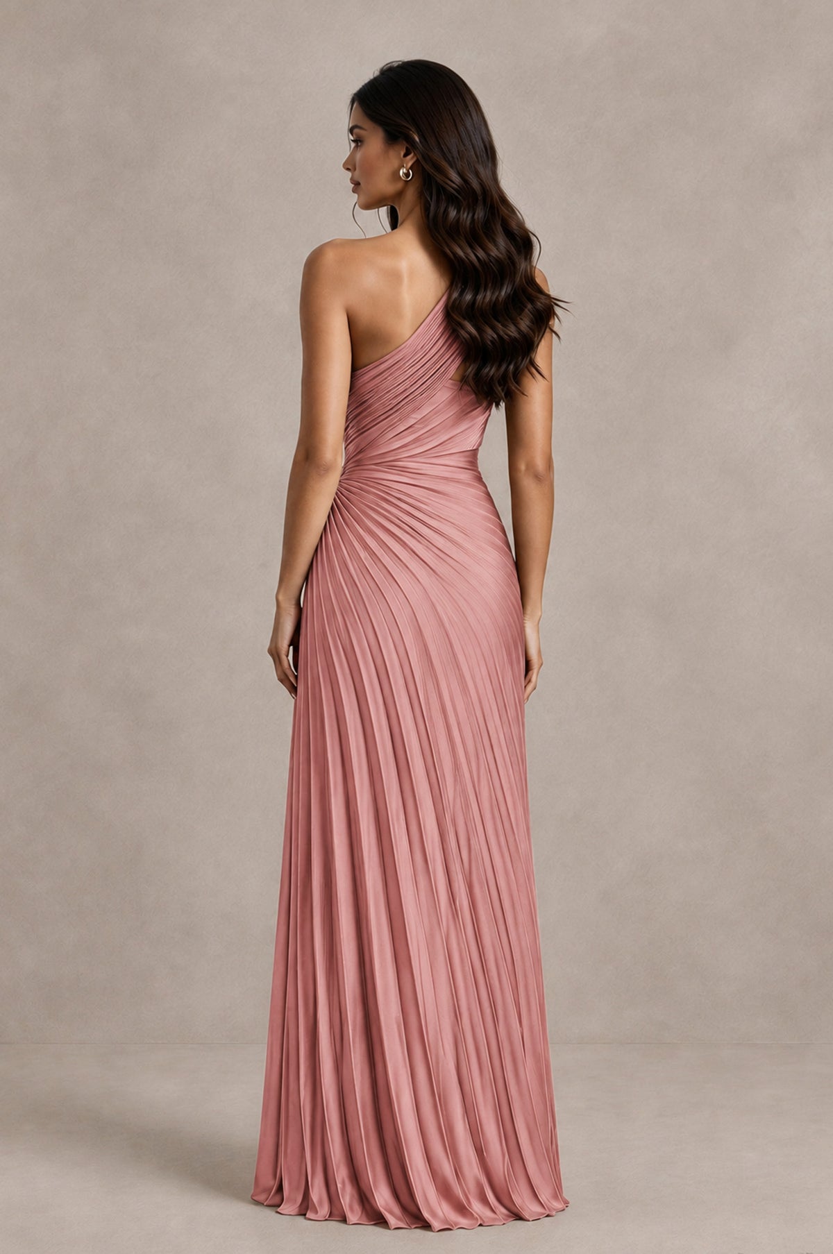 BOLODOO Dusty Rose One Shoulder Pleated Evening Dress with Ruched Waist and High Slit - Dusty Rose - Dusty Rose_2