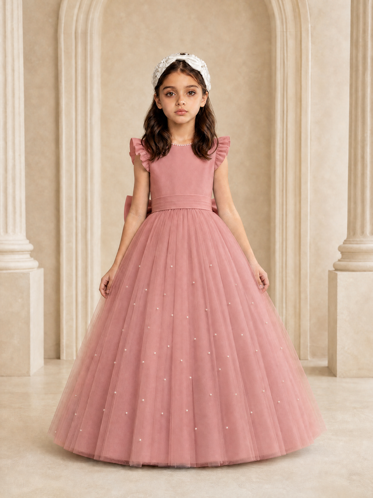 BOLODOO Dusty Rose Tulle Flower Girl Dress with Ruffle Sleeves & Bow Back - Dusty Rose - Dusty_Rose_2