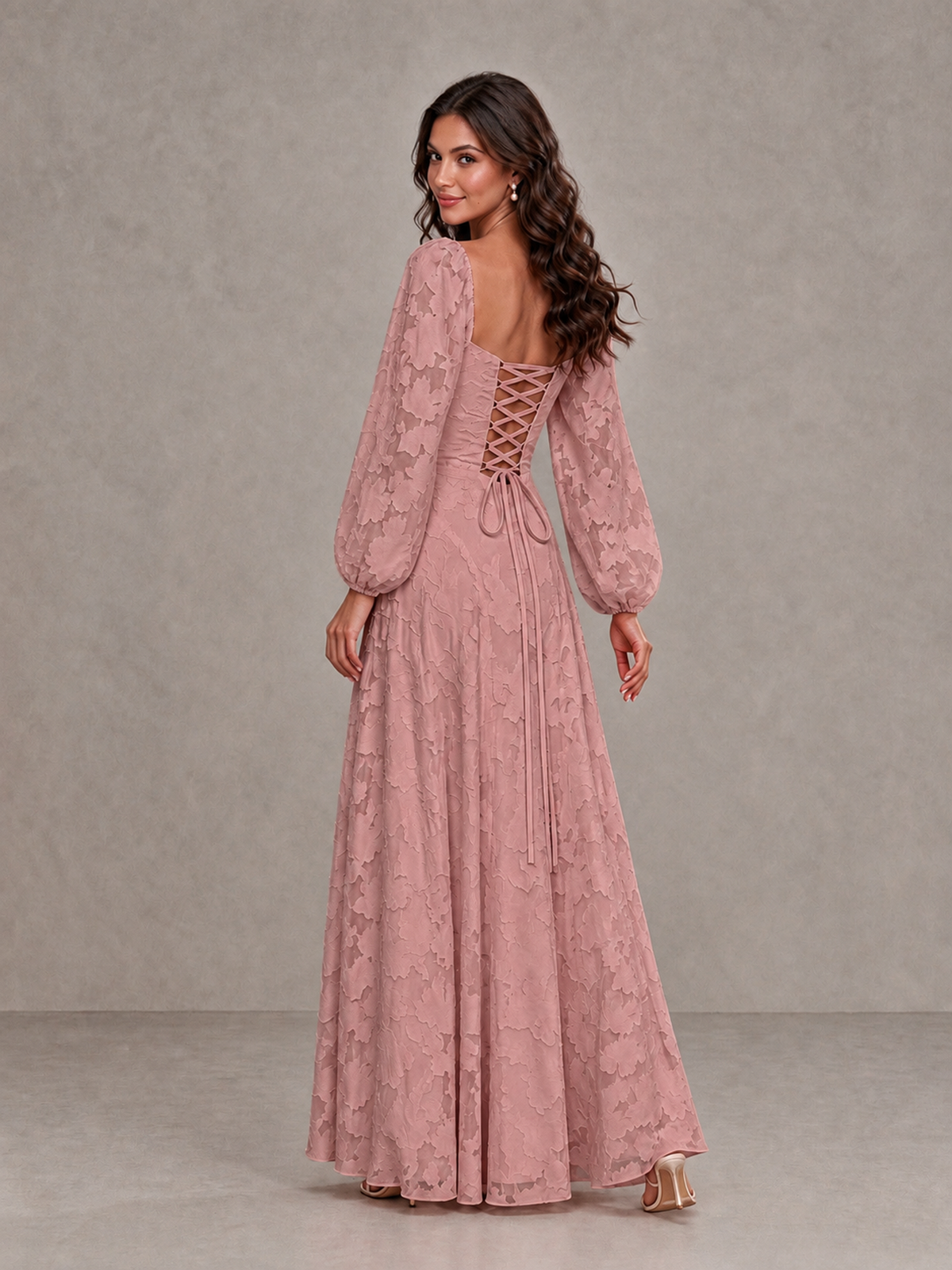 BOLODOO Dusty Rose Floral Long Sleeve A-Line Bridesmaid Dress - Dusty Rose - Dusty Rose_2