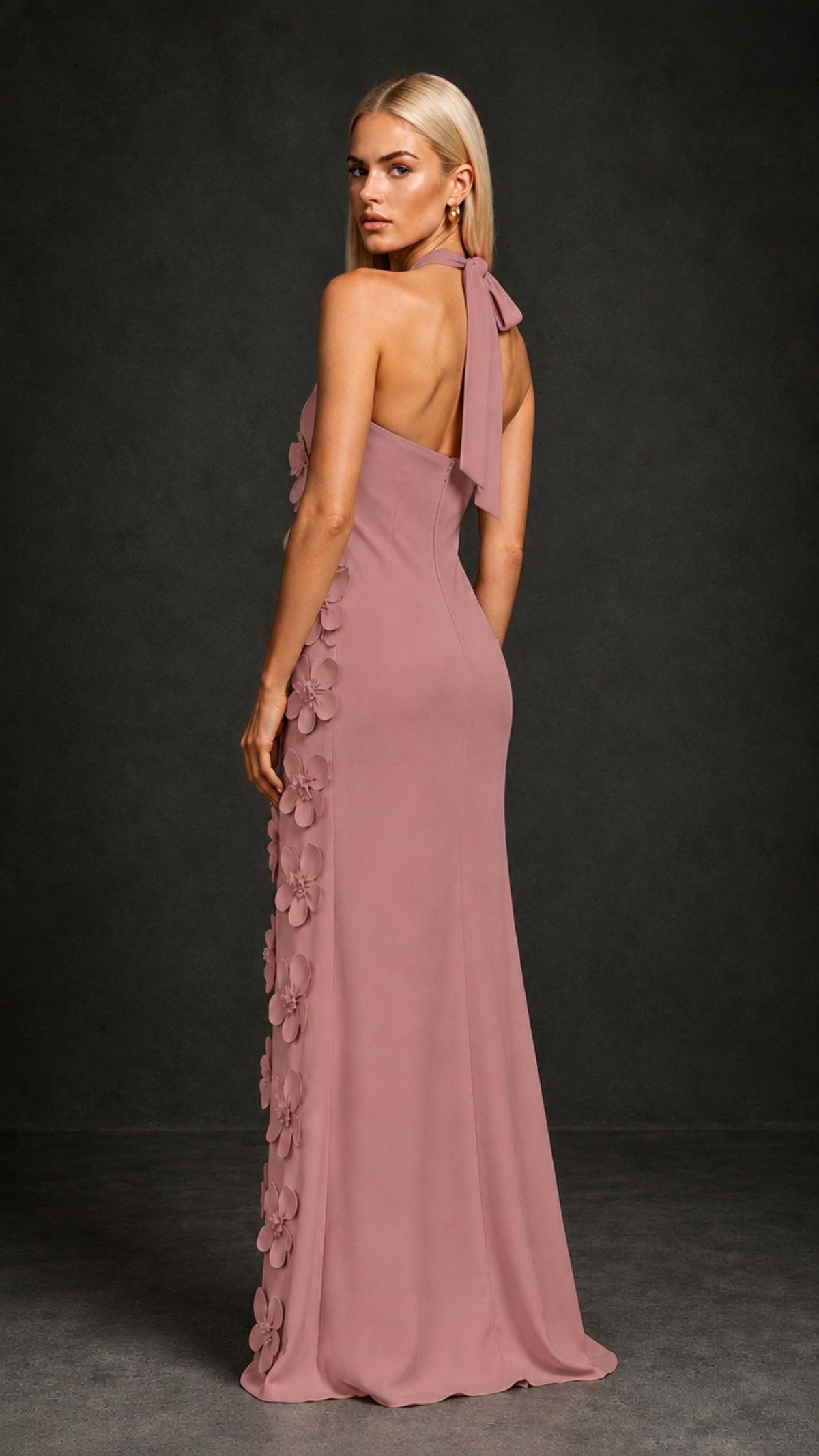 BOLODOO Dusty Rose Cross Halter Neck 3D Floral Appliqué Backless Mermaid Maxi Gown - Dusty Rose