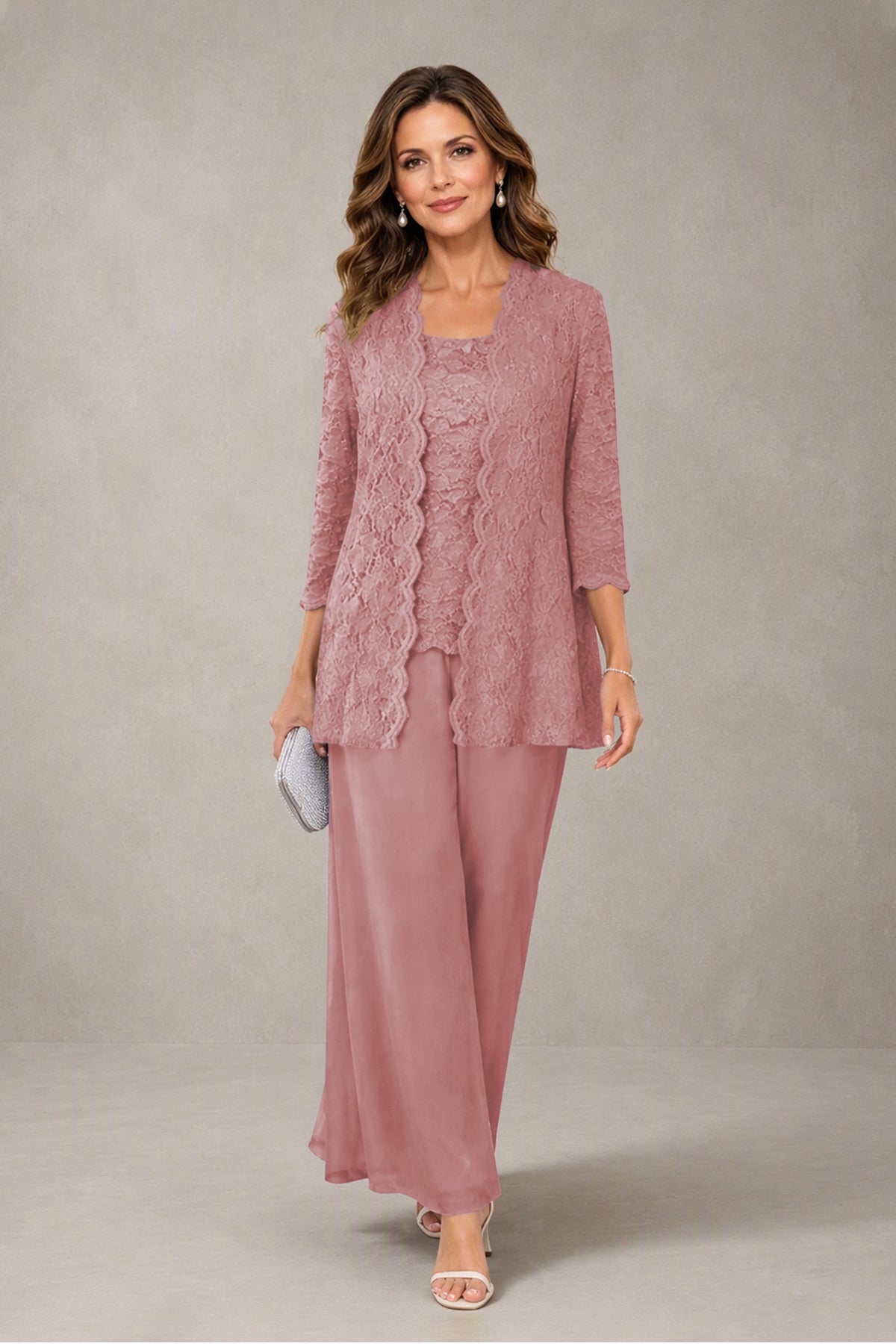 BOLODOO Dusty Rose 3-Piece Lace Chiffon Pantsuit – Mother of the Bride Wedding Guest with Jacket - Dusty Rose