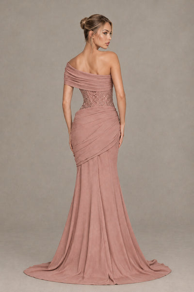 BOLODOO Dusty Rose One-Shoulder Sequin Embroidered Ruched Mermaid Gown with Train - Dusty Rose - Dusty Rose_2