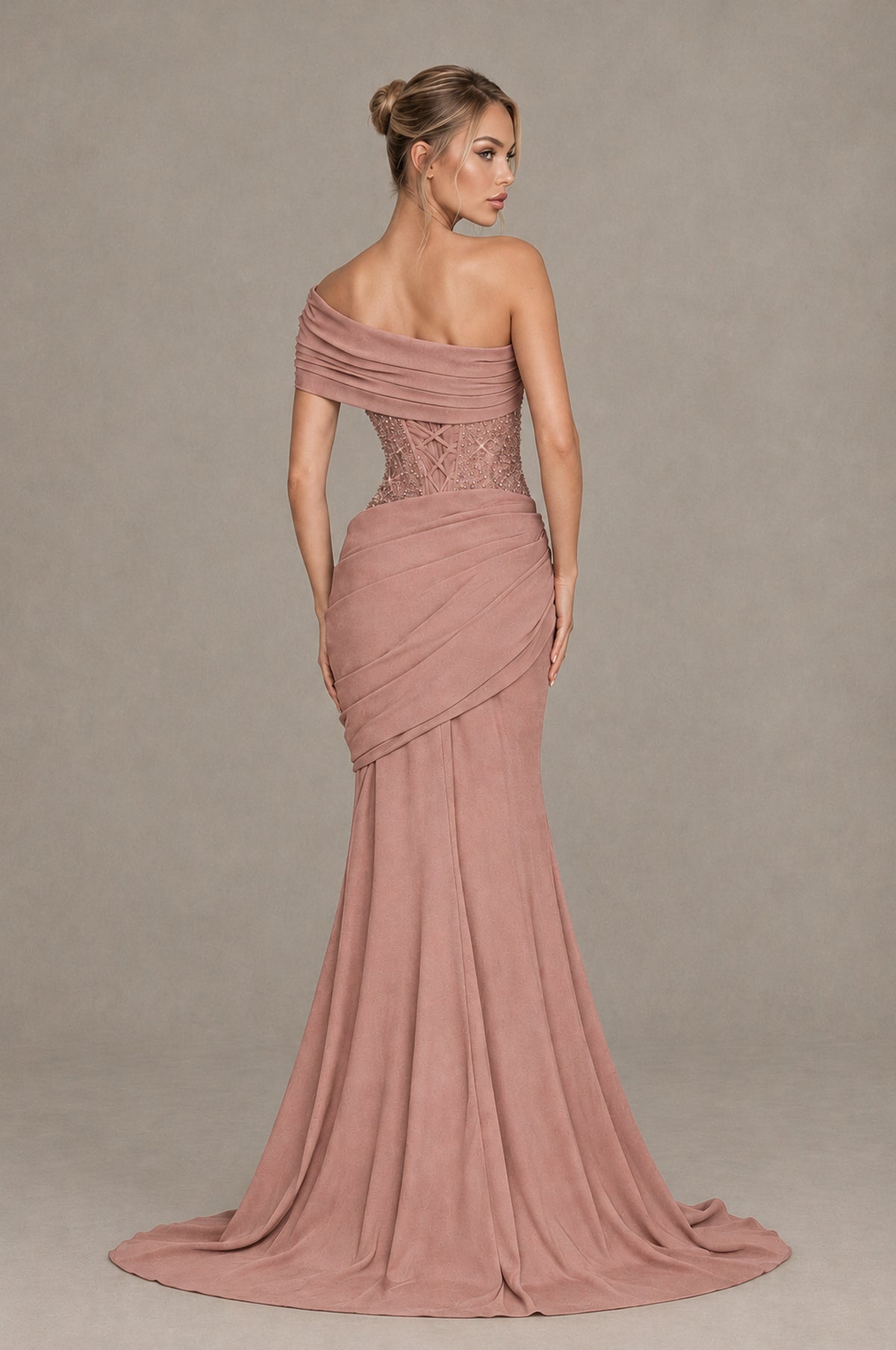 BOLODOO Dusty Rose One-Shoulder Sequin Embroidered Ruched Mermaid Gown with Train - Dusty Rose - Dusty Rose_2