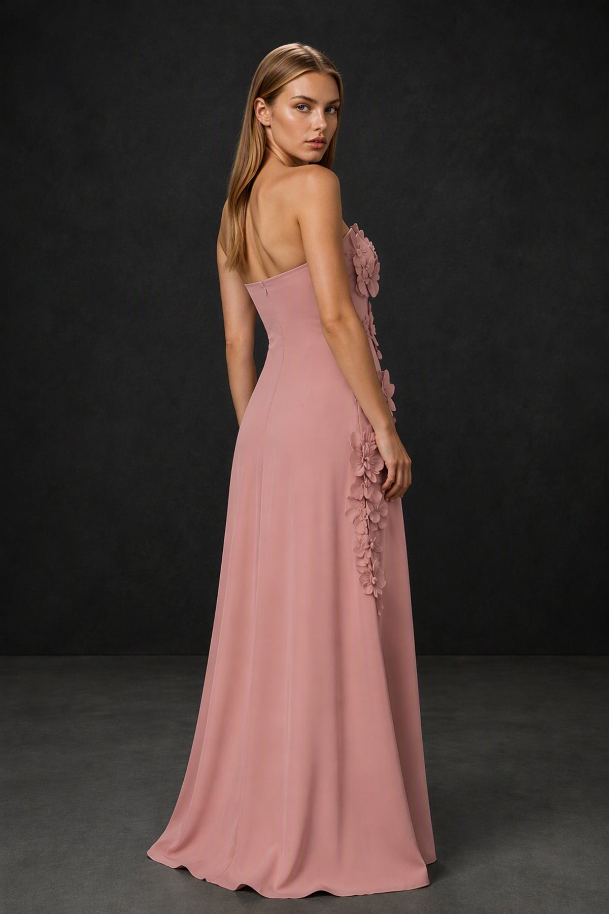 BOLODOO Dusty Rose Strapless 3D Floral Appliqué Crepe Mermaid Maxi Gown - Dusty Rose