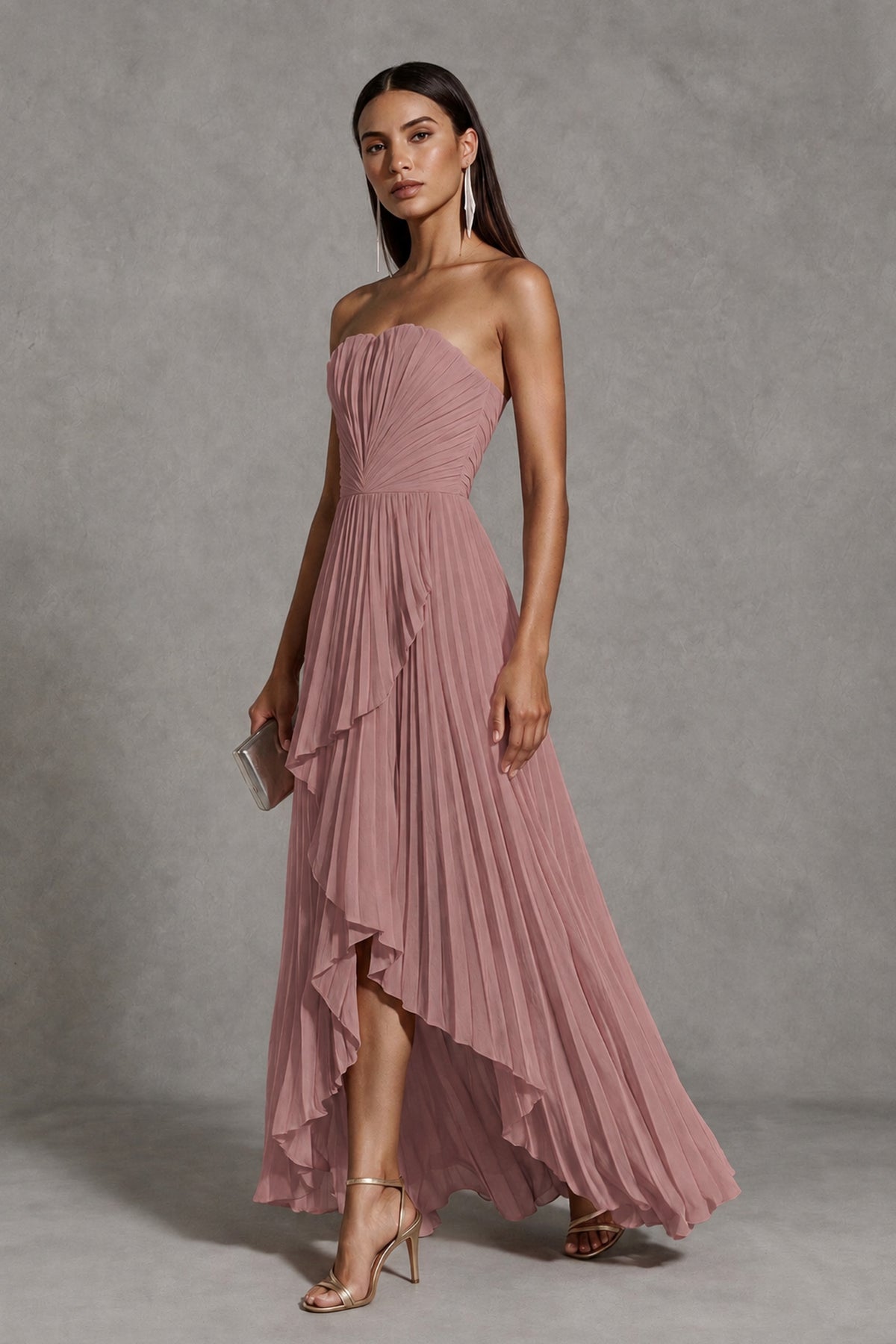 Dusty Rose Strapless Pleated High-Low Evening Gown with Ruffle Hem - Dusty Rose