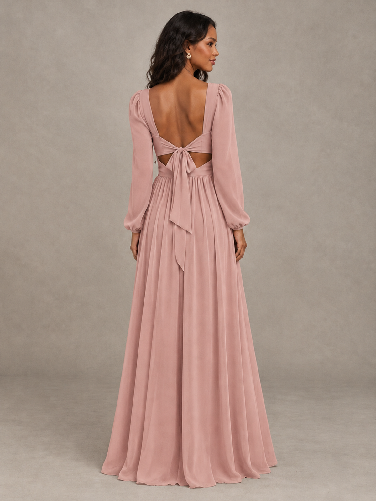 BOLODOO Dusty Rose V-Neck Long Sleeve Bridesmaid Dress with Tie Back and Slit - Dusty Rose - Dusty Rose_2