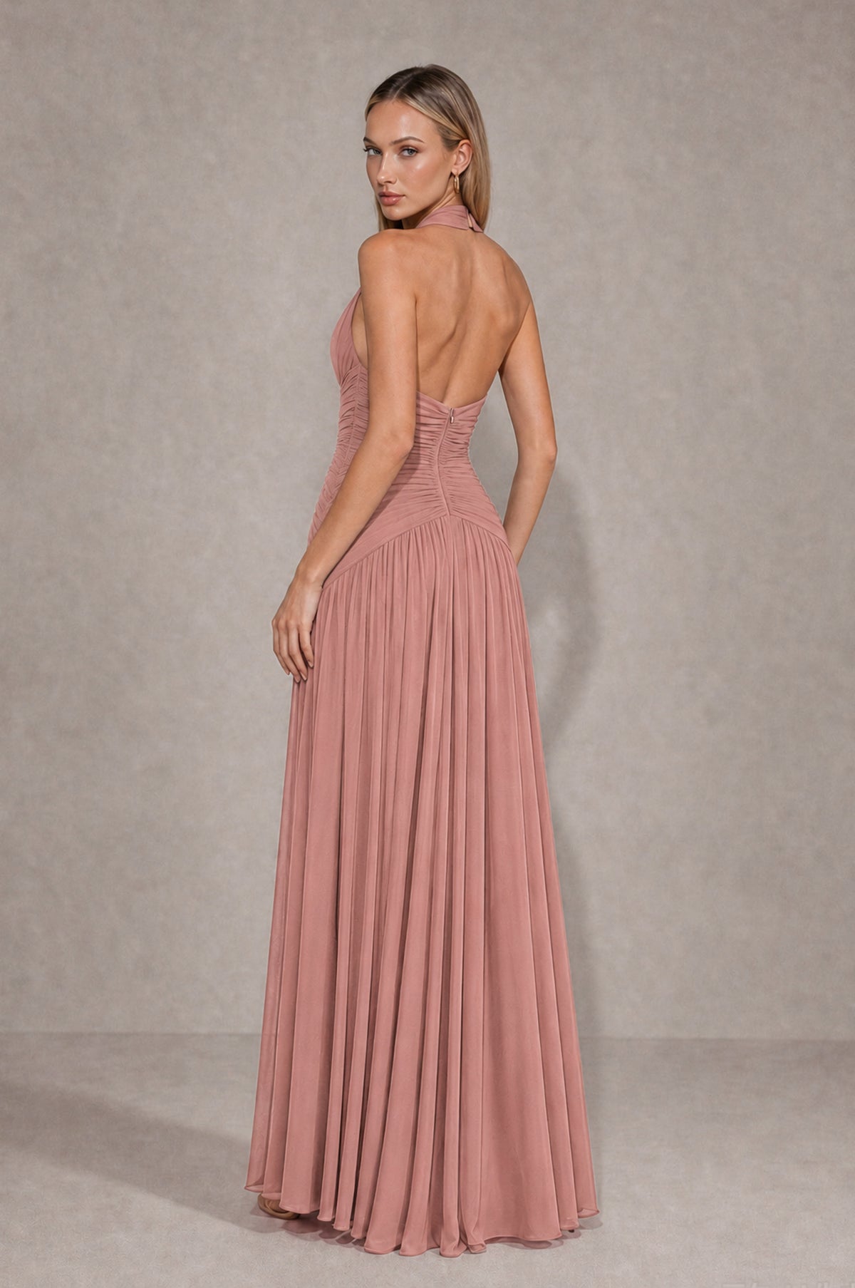 BOLODOO Dusty Rose Chiffon Halter Deep V-Neck Ruched A-Line Backless Maxi Dress with Train-BD0167 - Dusty Rose - Dusty Rose_2