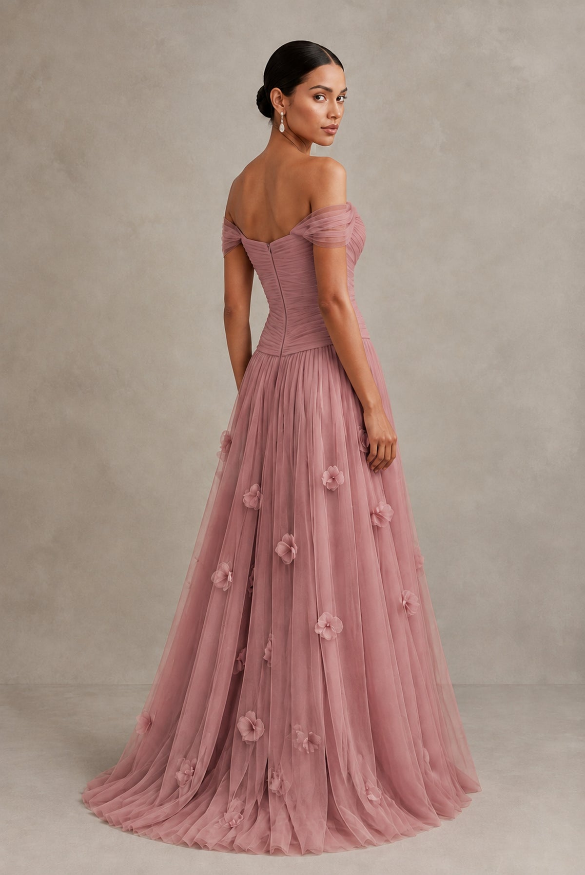 Dusty Rose Off-Shoulder Sweetheart A-Line Tulle Gown with 3D Floral Appliques | BOLODOO - Dusty Rose