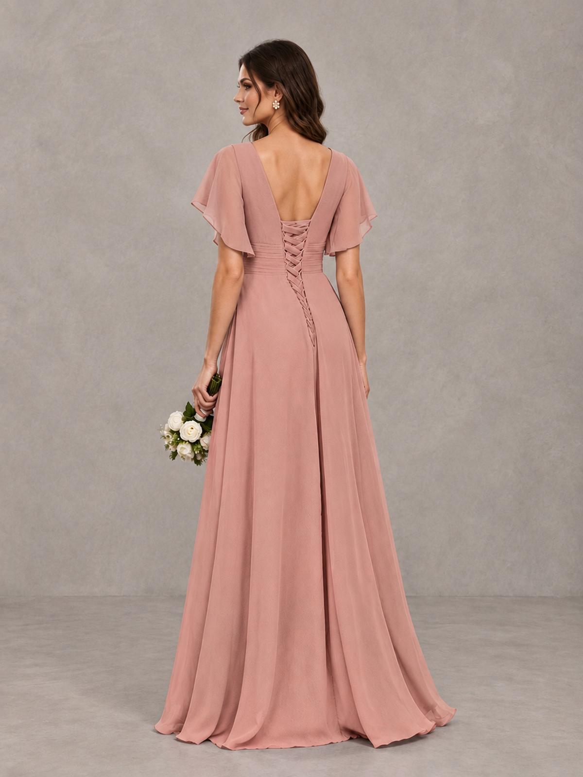 BOLODOO Dusty Rose Flutter Sleeve V-Neck Bridesmaid Dress with Ruffle Slit - Dusty Rose - Dusty Rose_2