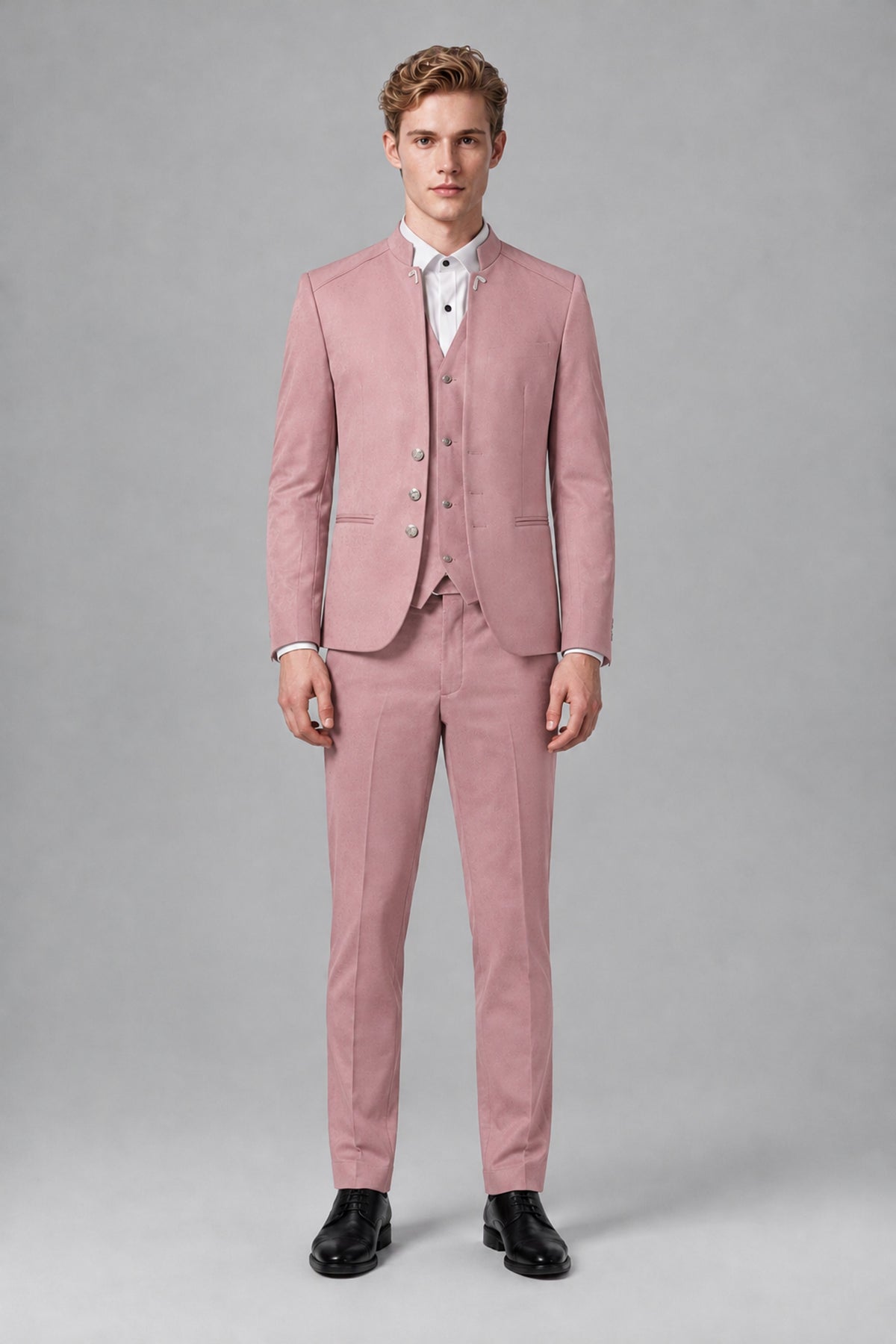 Bolodoo Men's Dusty Rose Mandarin Collar 3-Piece Suit – Jacket, Vest & Trousers - Dusty Rose - Dusty Rose_2